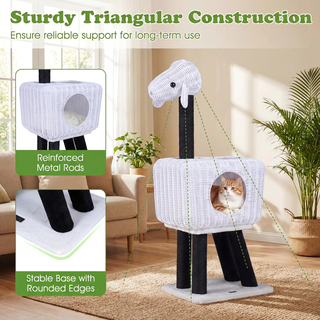 Tangkula 43 Inch Sheep-Shaped Cute Cat Tower with 2-Cave Large Wicker Condo