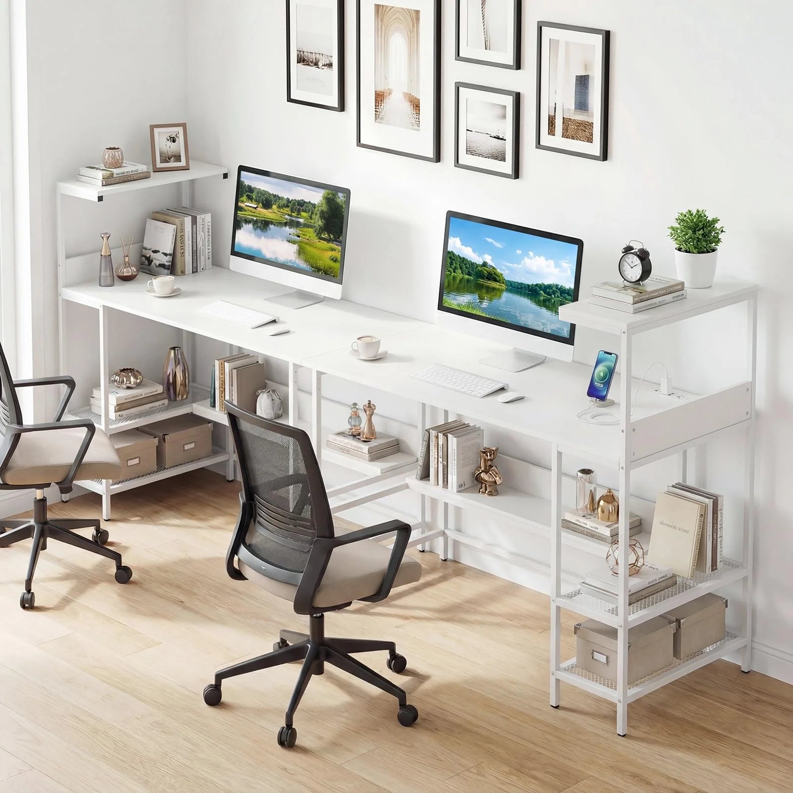 Tangkula 48" Reversible Computer Desk with Bookshelves & Power Outlets