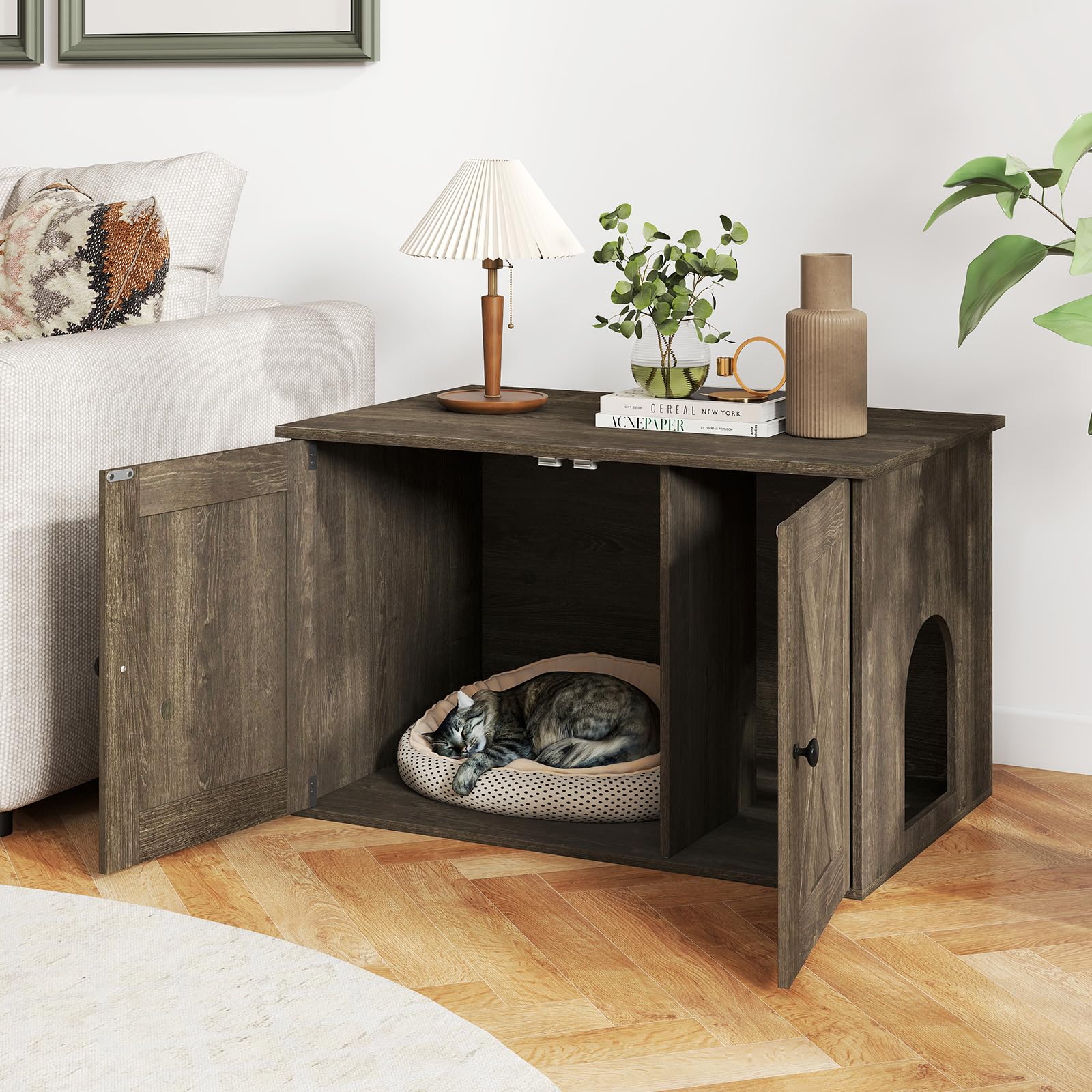 Tangkula Hidden Cat Litter Box Enclosure Furniture with Divider