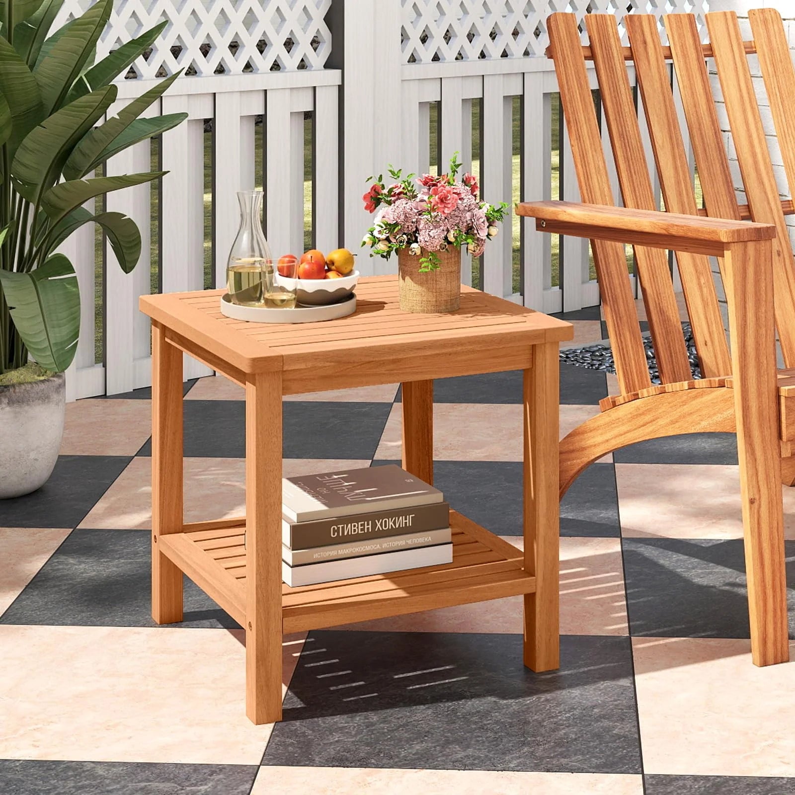 Tangkula 2 Tier Acacia Wood Square End Table with Slatted Tabletop & Storage Shelf