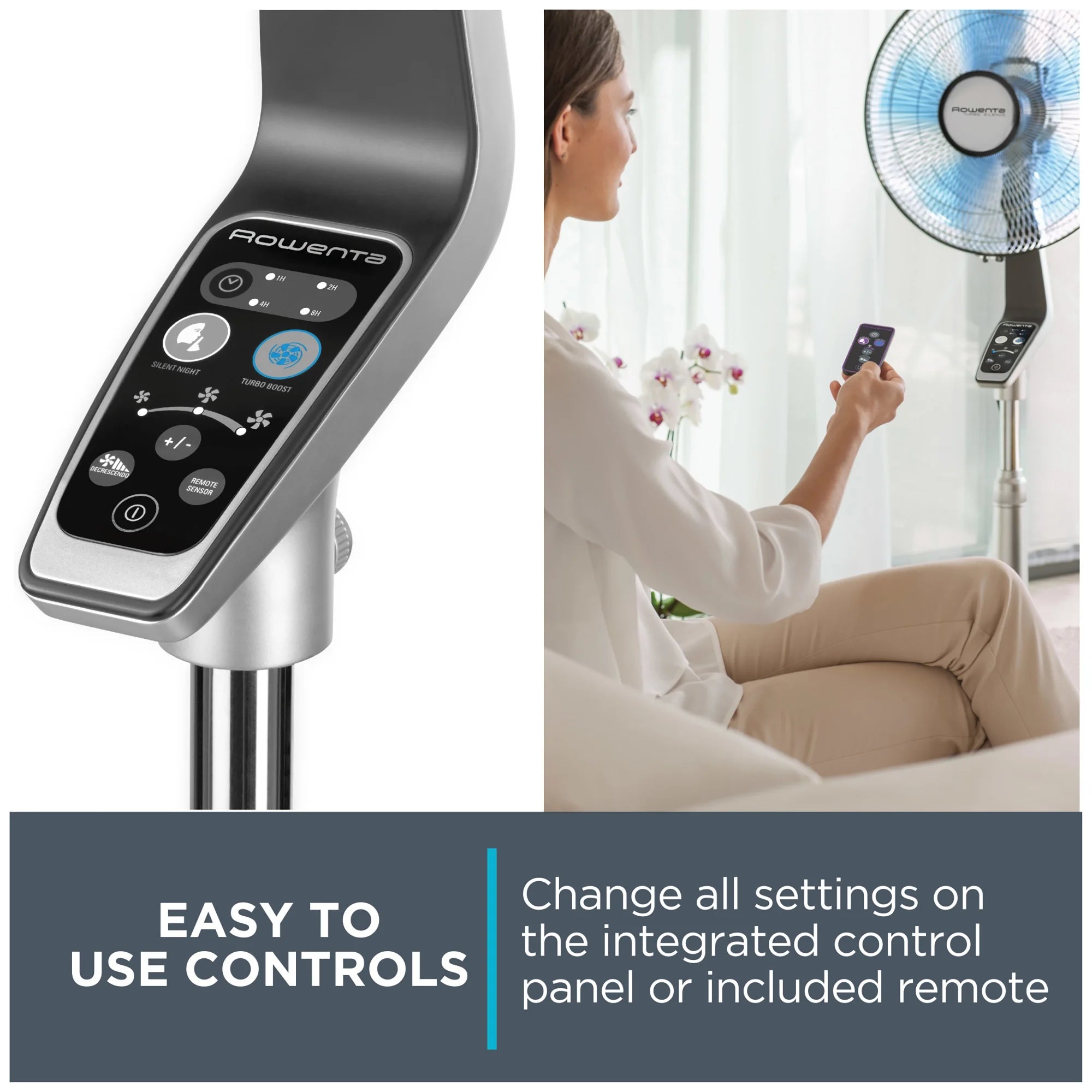 Rowenta Turbo Silence Standing Floor Fan with Remote, 53 in, Portable, 5 Speeds, VU5670
