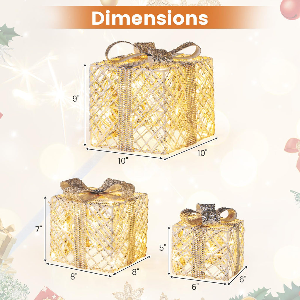 Tangkukla 3 Pack Christmas Lighted Gift Box, Pre-Lit Festive Boxes w/ 50 LED Lights