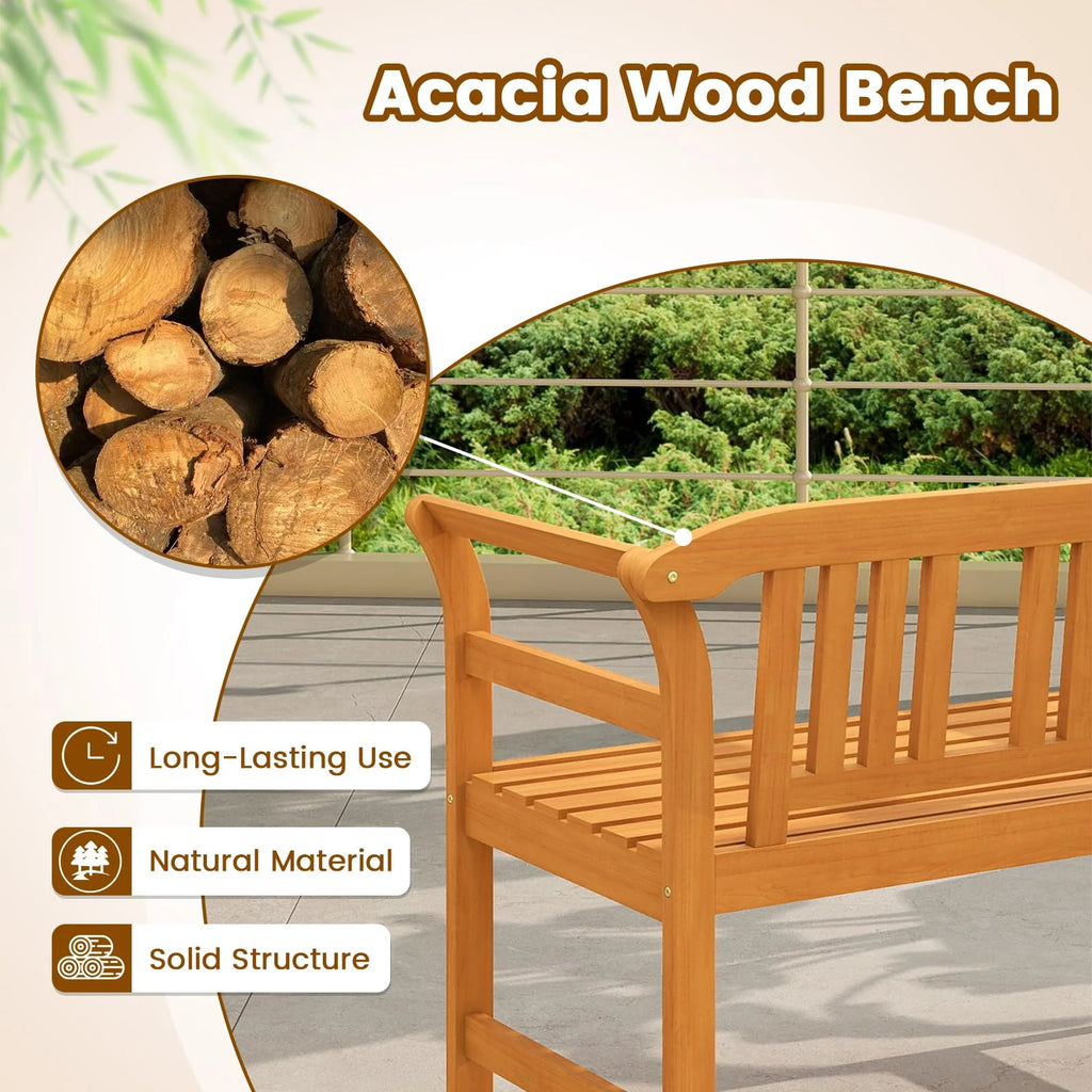 Tangkula Acacia Wood Outdoor Bench with Curved Armrests