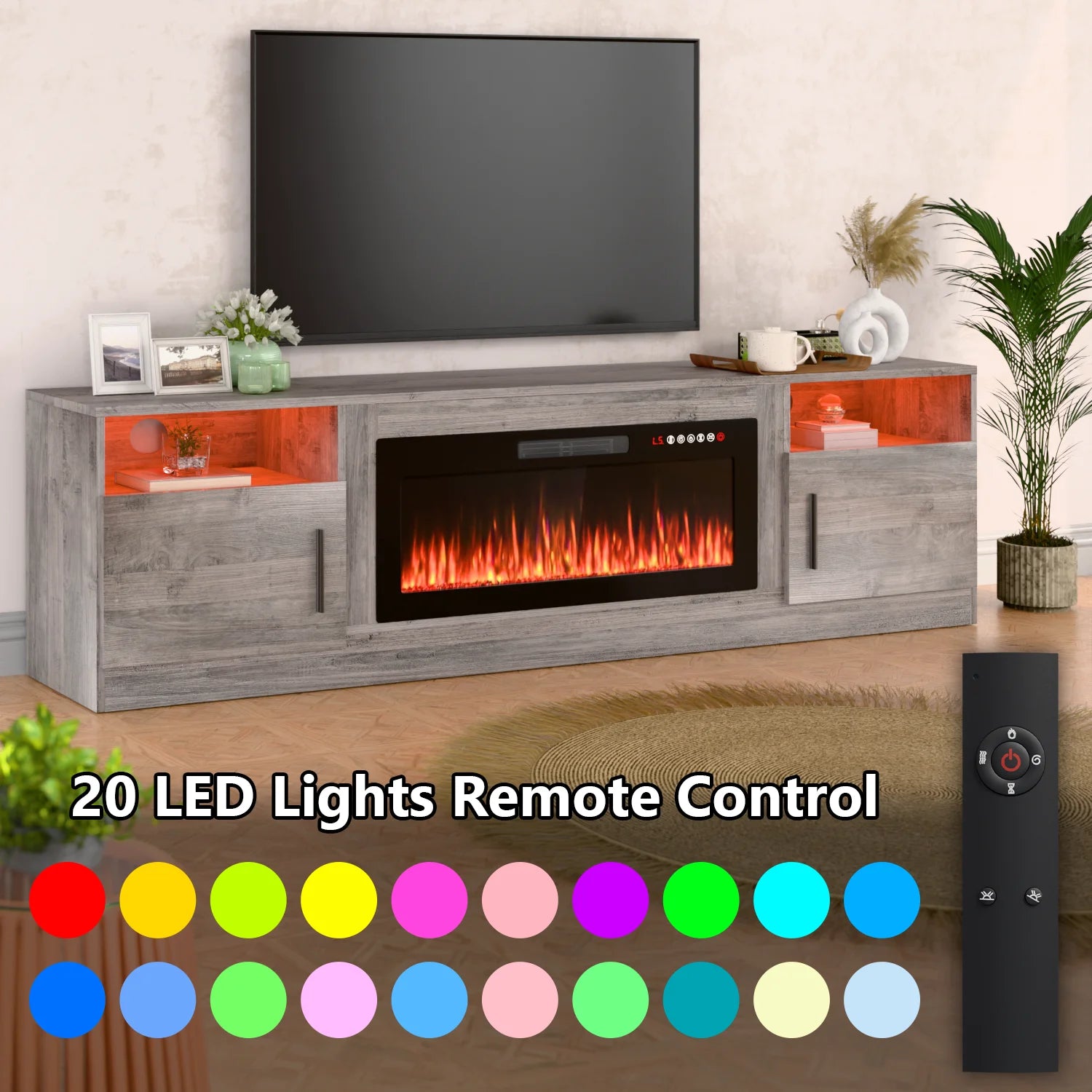 Waleaf Fireplace TV Stand with 36" Electric Fireplace up to 80" Tvs, Modern Wood Media TV Console with Highlight Cabinet, White