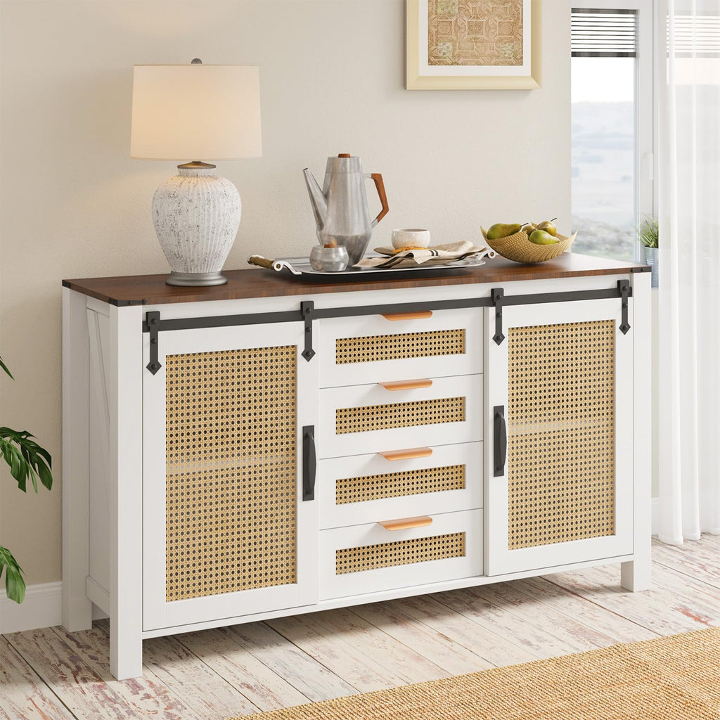 AECOJOY Farmhouse Sideboard Buffet Cabinet with Storage, Rattan Kitchen Cabinet w/Sliding Barn Doors & 4 Drawers