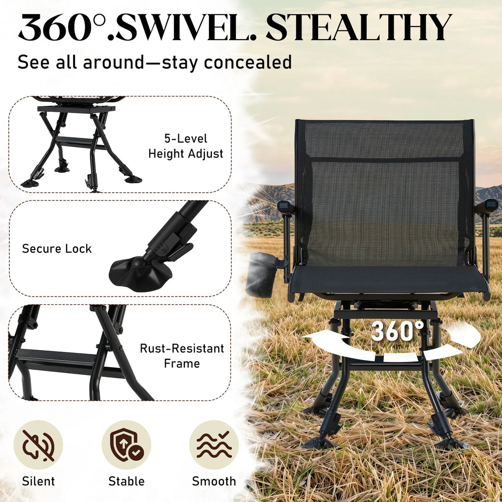 AECOJOY Folding Hunting Swivel Chair, Compact Storage Design, Black Steel Frame for Outdoor Shooting & Camping