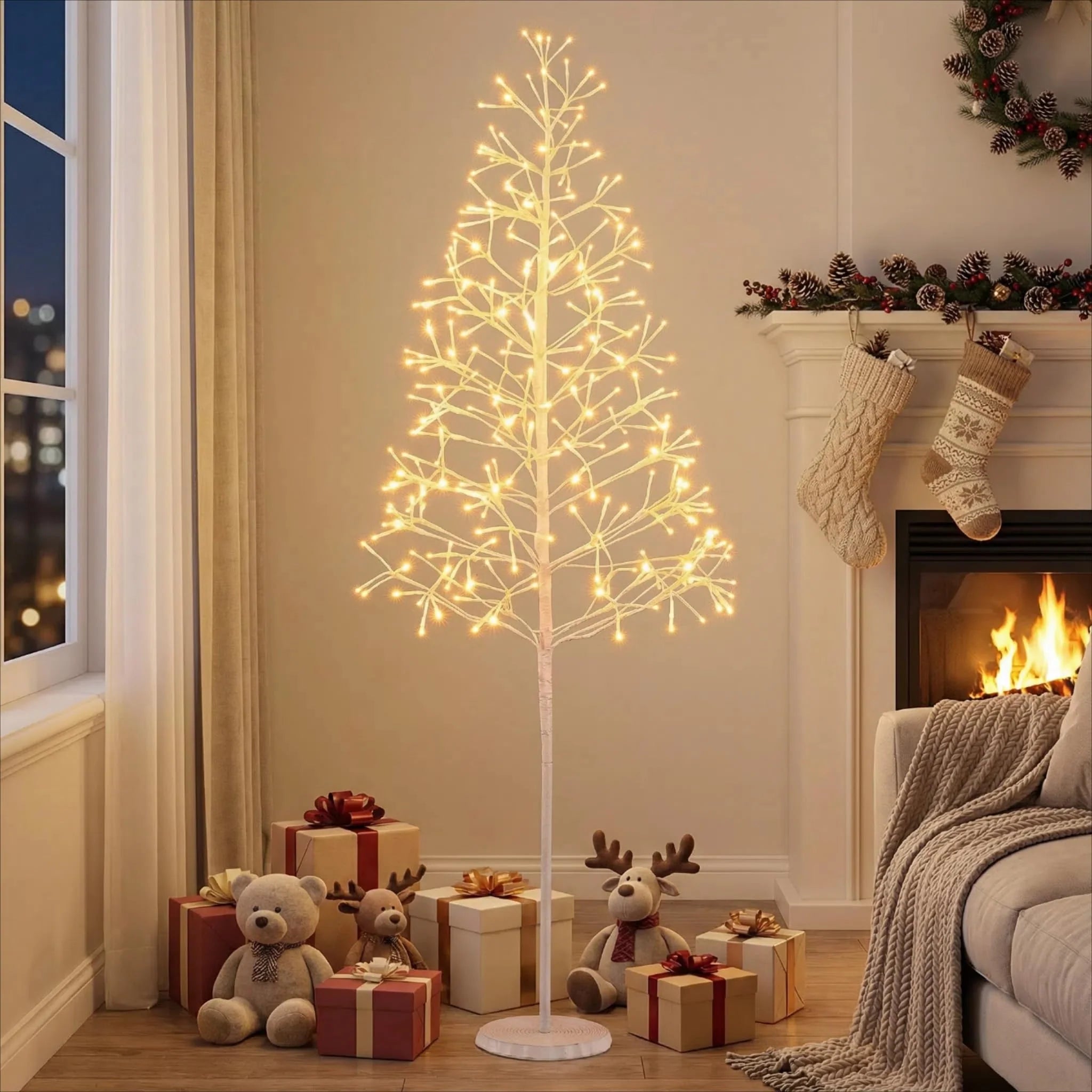 Tangkula Christmas Outdoor Lighted Birch Tree Pre-lit Decor with Warm White Light LED Lights