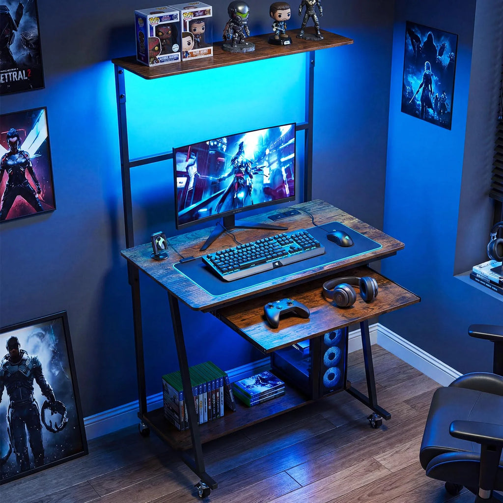 Tangkula Rolling Computer Desk Cart with Keyboard Tray & Charging Station