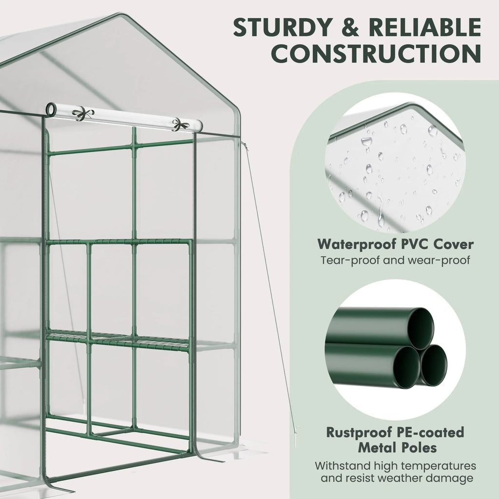 Portable Mini Walk-in Greenhouse with 3 Tiers 8 Shelves, PVC Cover, Roll-Up Zippered Door & Heavy-Duty Metal Frame for Indoor Outdoor Garden Yard