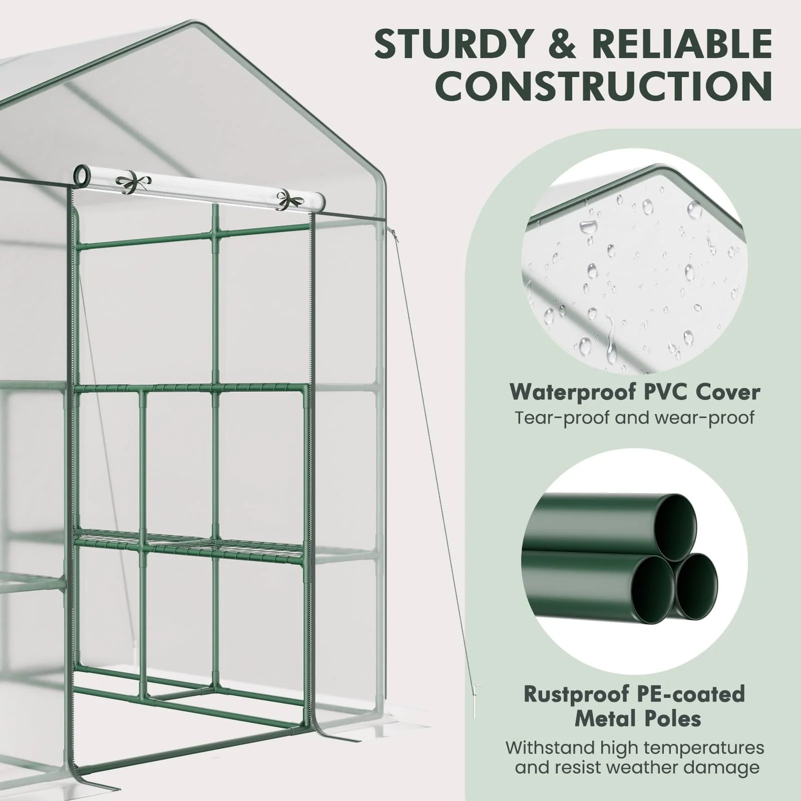 Portable Mini Walk-in Greenhouse with 3 Tiers 8 Shelves, PVC Cover, Roll-Up Zippered Door & Heavy-Duty Metal Frame for Indoor Outdoor Garden Yard