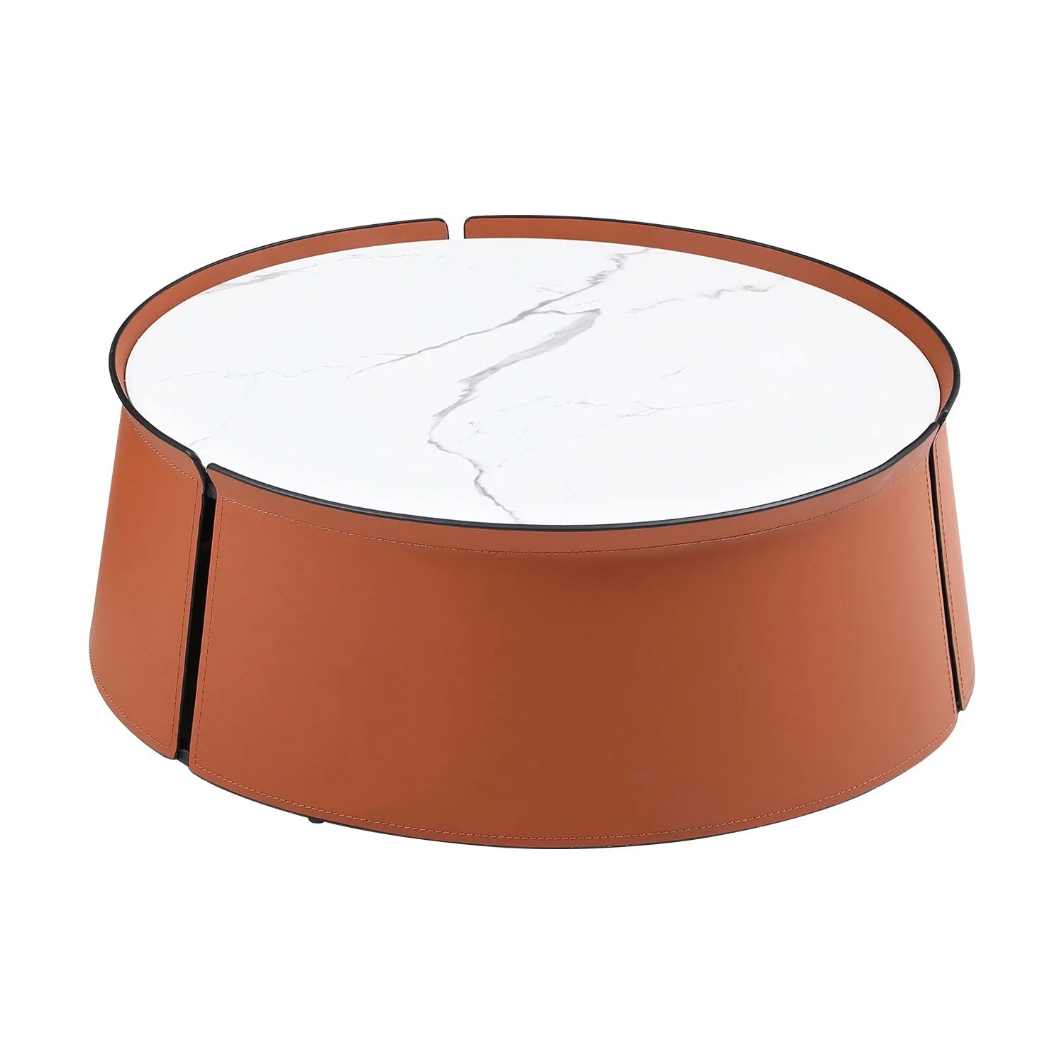 31.5 in Coffee Table, Marble Top+Orange Saddle Leather Body+Iron Frame