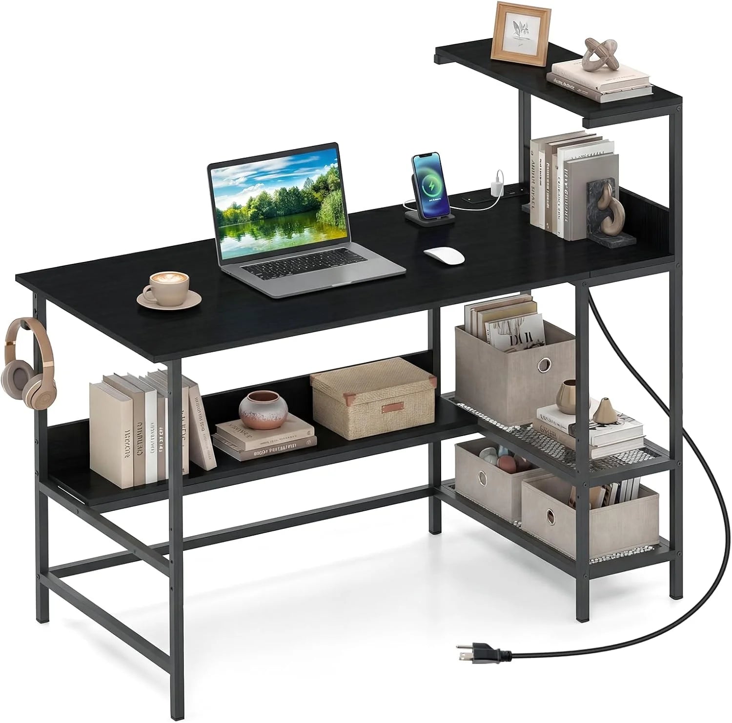 Tangkula 48" Reversible Computer Desk with Bookshelves & Power Outlets
