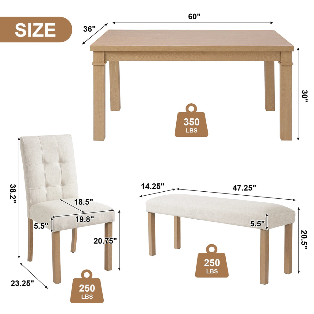 Euroco 6 - Piece Wood Dining Table Set for 6, Modern Rectangular Kitchen Table with 4 Upholstered Chairs & Bench for Kitchen Dining Room, Walnut