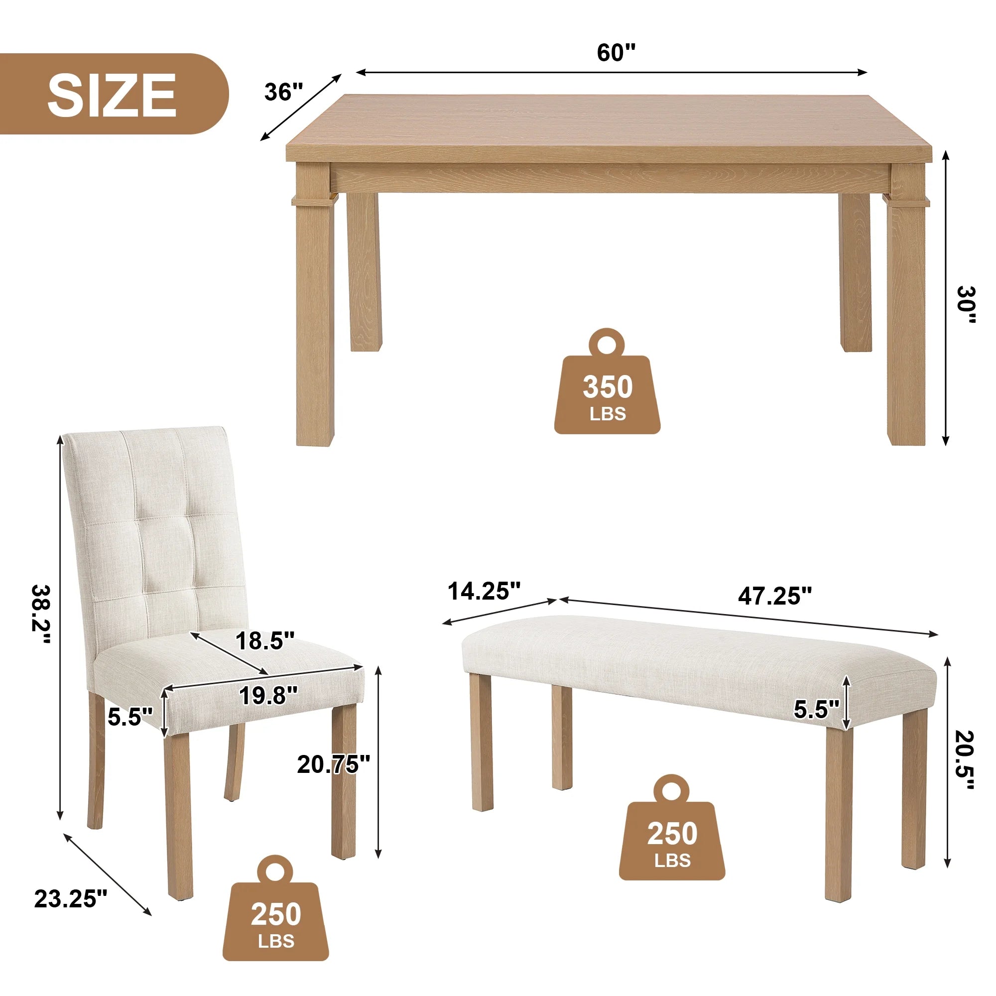 Euroco 6 - Piece Wood Dining Table Set for 6, Modern Rectangular Kitchen Table with 4 Upholstered Chairs & Bench for Kitchen Dining Room, Walnut