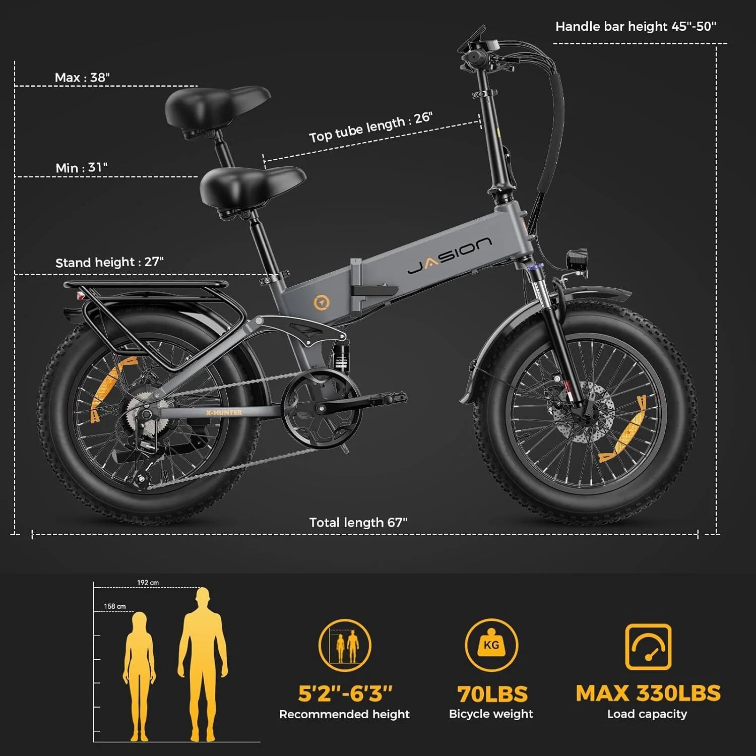 Jasion X - Hunter Electric Bike for Adults, 750W Motor Electric Bicycle with 48V 13AH Removable Battery, 20" X4.0 Fat Tire Folding Ebike, Full Suspension, 7 - Speed Bicycles