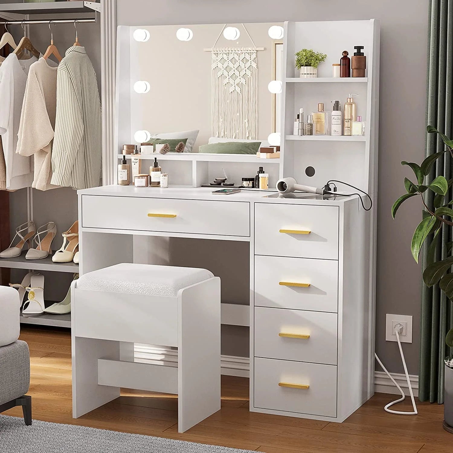 Black Vanity Set with Lights & Charging Station & Cushioned Stool, Modern Makeup Vanity Desk Table with Visible Drawers and Open Storage Shelves for Women Girls