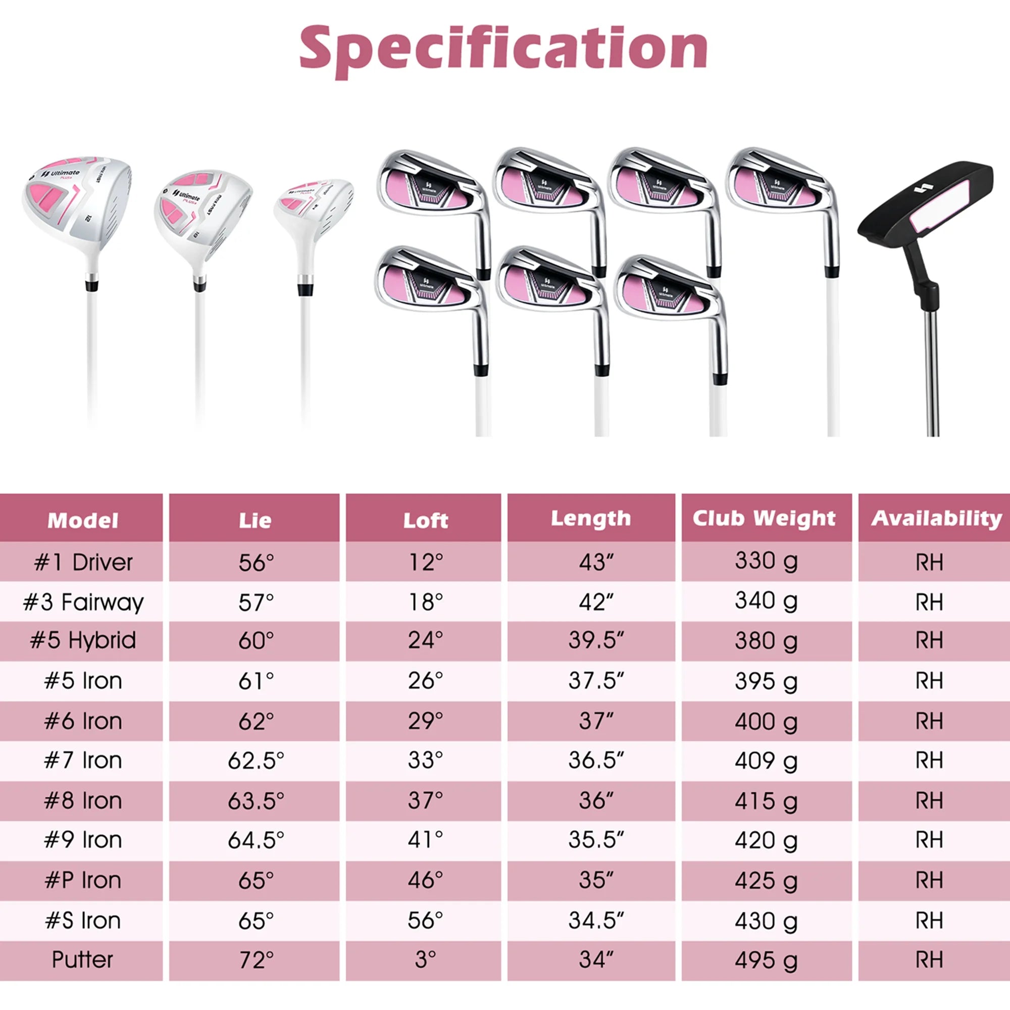 Ultimate Womens Complete Golf Club Set Golf Club Package Set W/ Rain Hood, Right Hand Purple