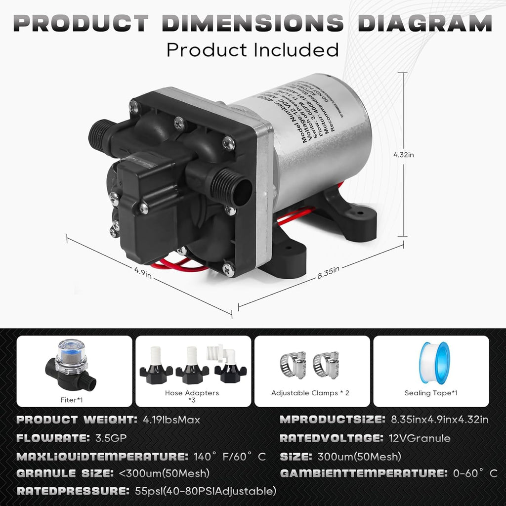 12V RV Water Pump 4008-101-A65/E65 | 3.0 GPM - 55 PSI | Camper RV Water Pump | Self-Priming & Quiet Diaphragm Pump | Thermal Protection & Dry Run Safe | for Halloween Christmas