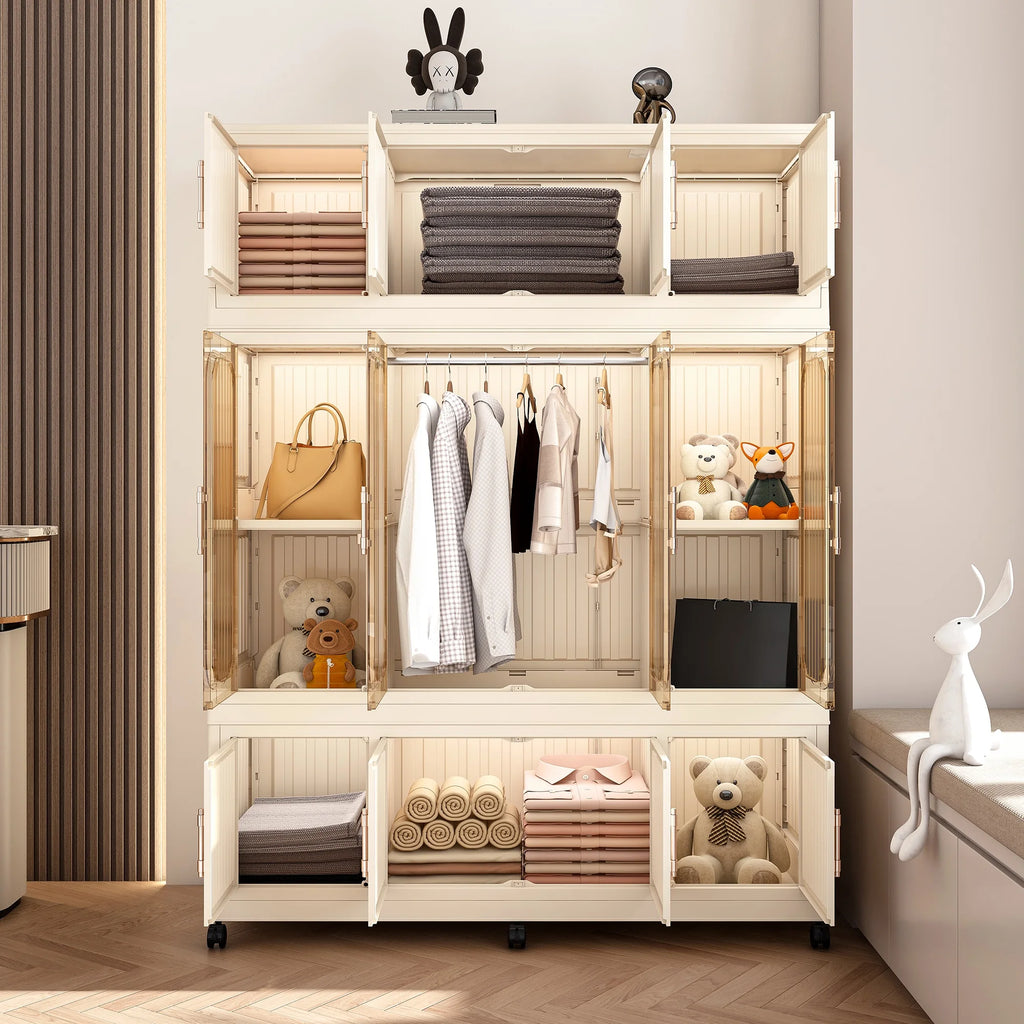 Montary Kids Portable Wardrobe W/ Magnetic Doors & Hanging Rod - 4 - Cube Plastic Storage Cabinet, Nursery/Bedroom