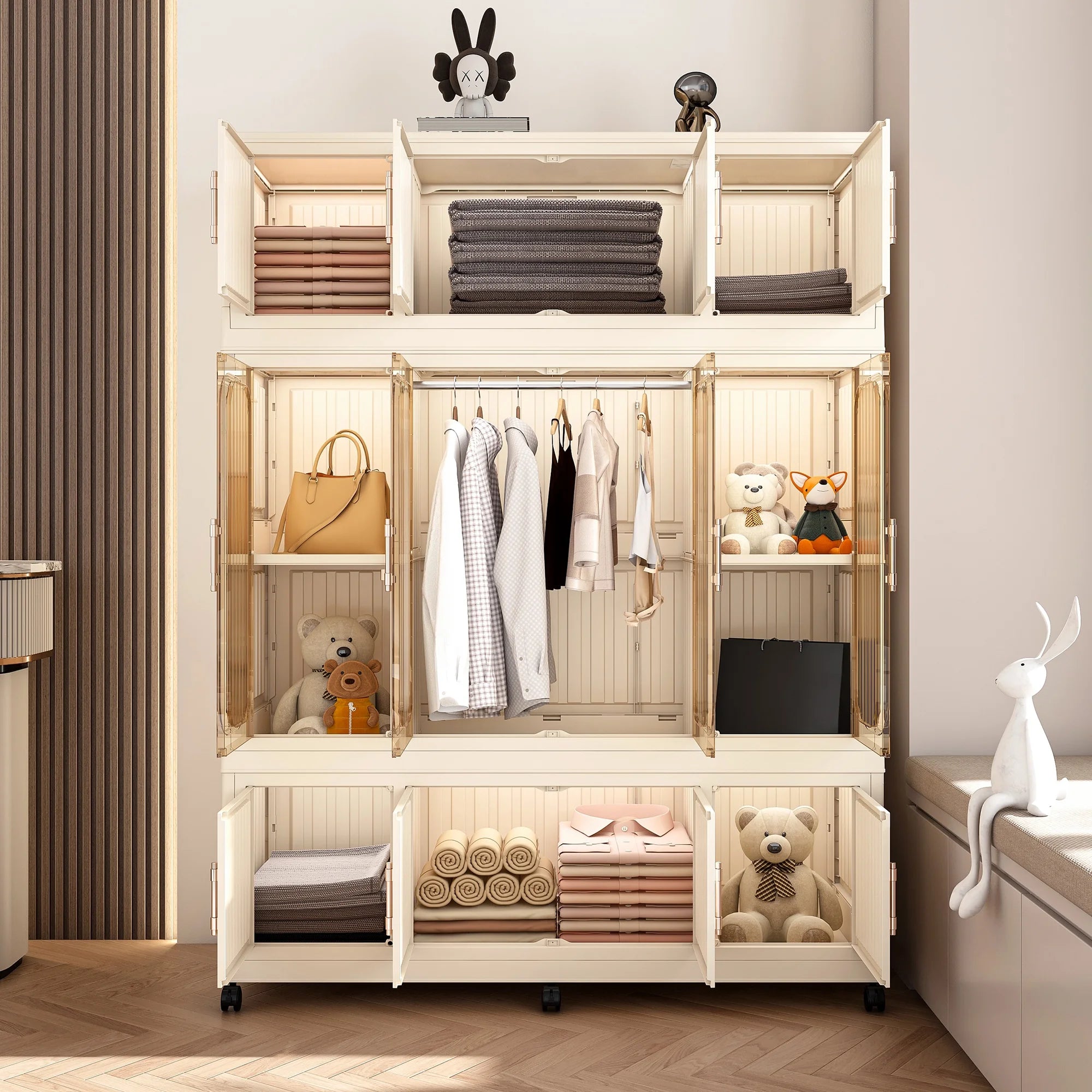 Montary Kids Portable Wardrobe W/ Magnetic Doors & Hanging Rod - 4 - Cube Plastic Storage Cabinet, Nursery/Bedroom