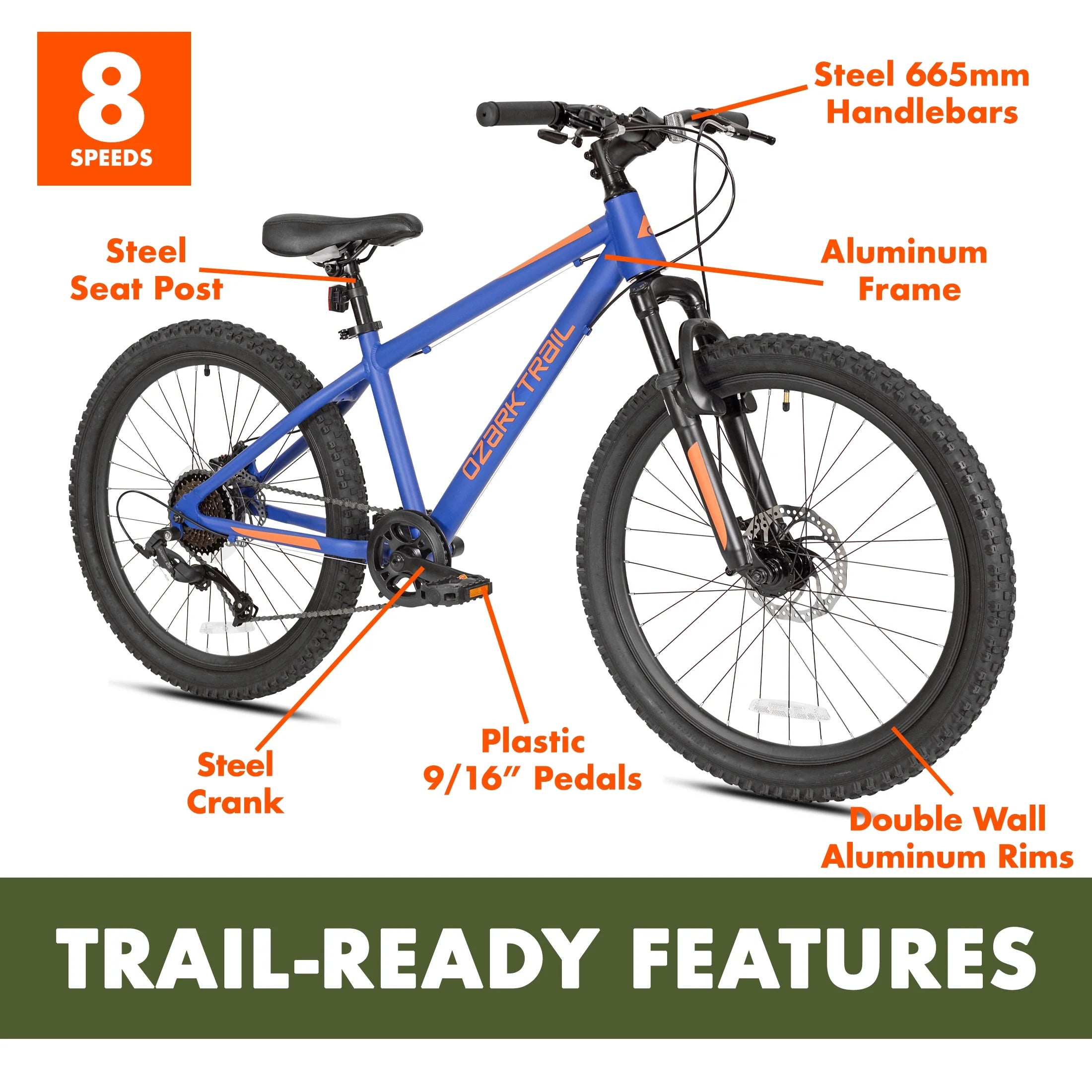 24" Ozark Trail Vibe Mountain Bicycle, 8 Speed, Black, Fits Riders 4'6" - 5'6", Teen