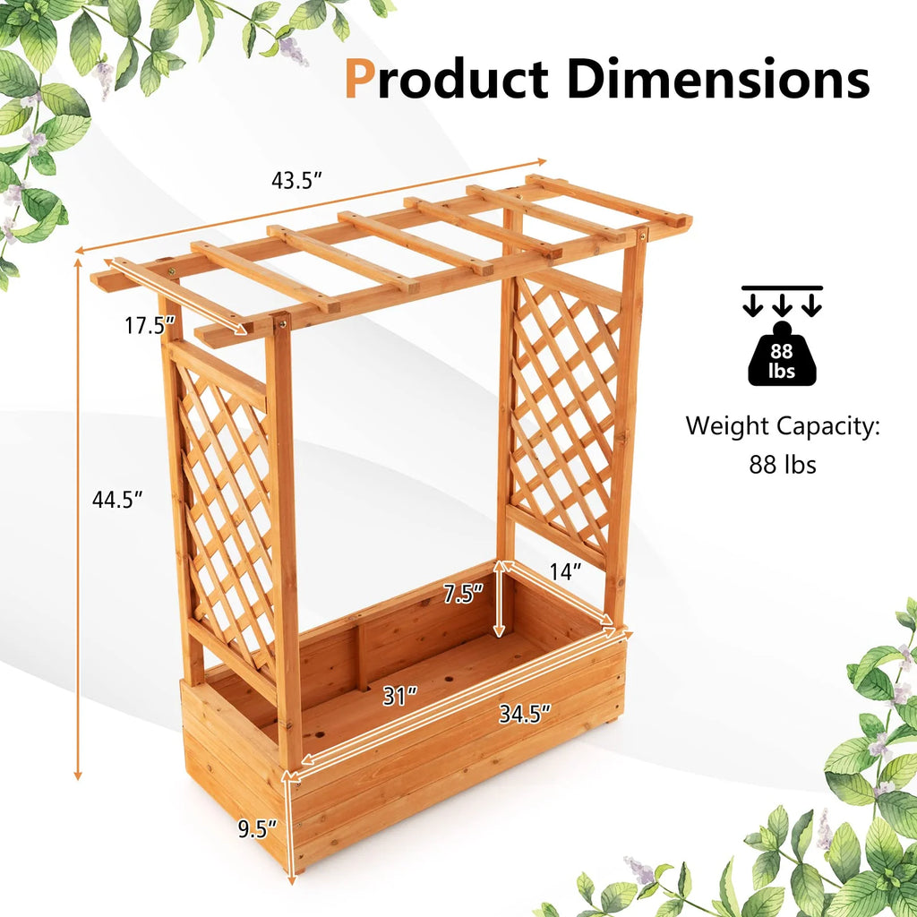 Raised Garden Bed with Arch Trellis & Hanging Roof, Freestanding Fir Wood Elevated Planter Box with Drainage Holes for Climbing Plants Flowers Vines