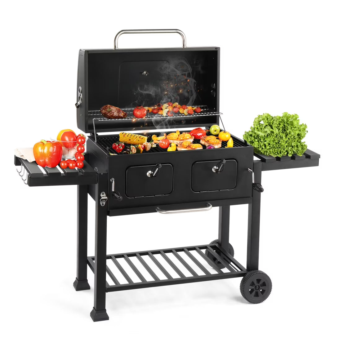 Charcoal Grill Outdoor BBQ Grill, Extra Large Cooking Fits up to 30 Burgers at Once, 2 Individual & Adjustable Charcoal Tray, Foldable Side Tables, for Outdoor Cooking Backyard Camping Picnics