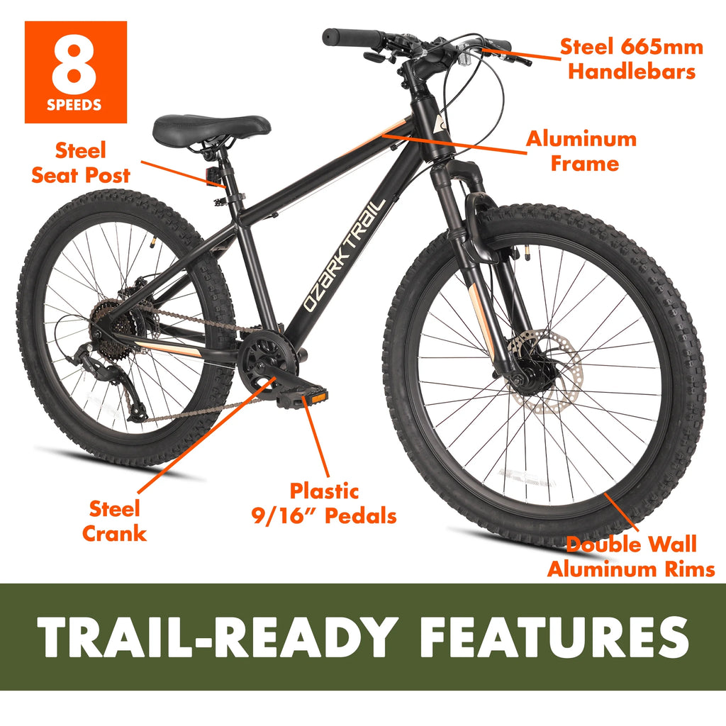24" Ozark Trail Vibe Mountain Bicycle, 8 Speed, Black, Fits Riders 4'6" - 5'6", Teen