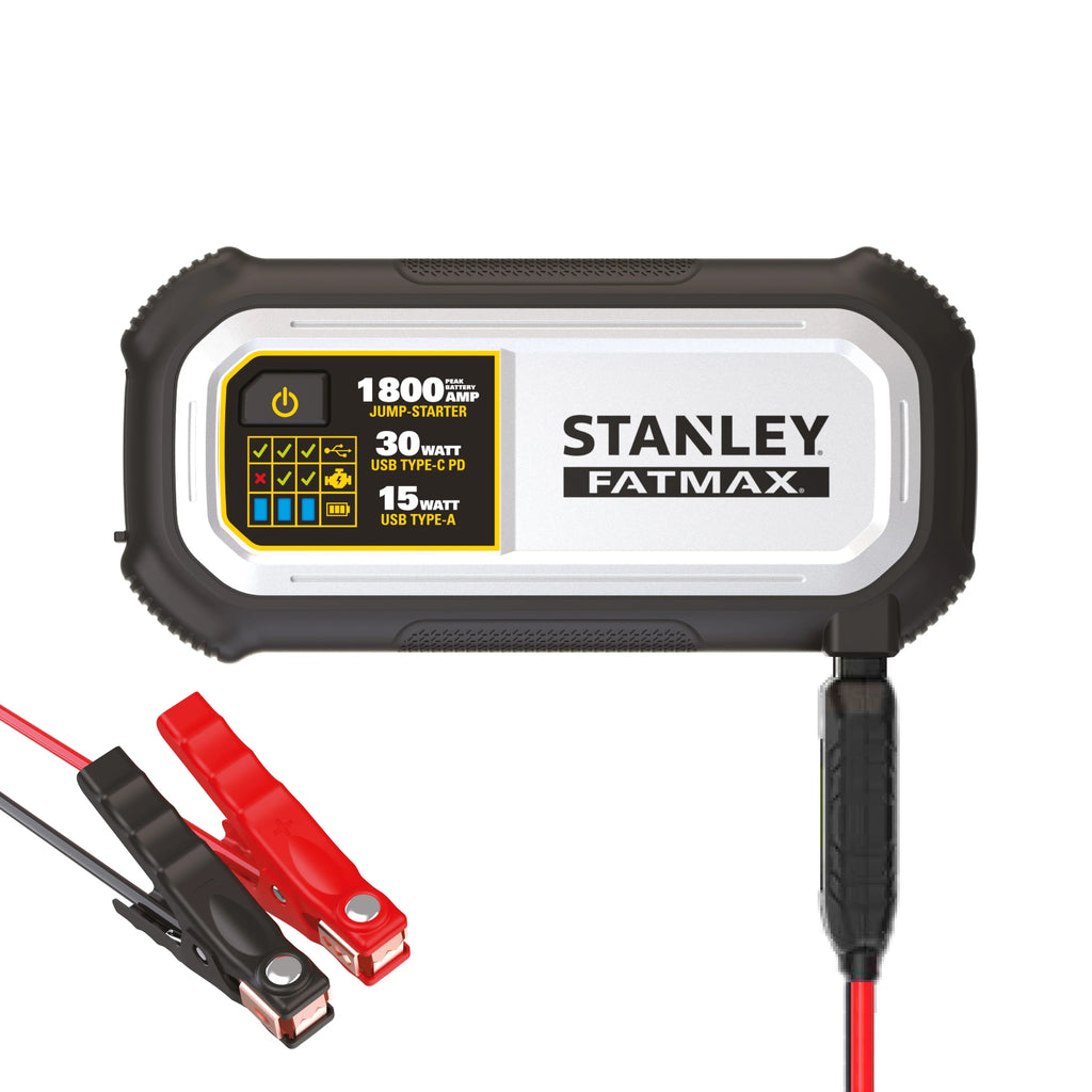 Stanley Fatmax 1800A Lithium Jump Starter with 30W USB - C - PD in/Out and 15W USB - A Out, Includes Clamps