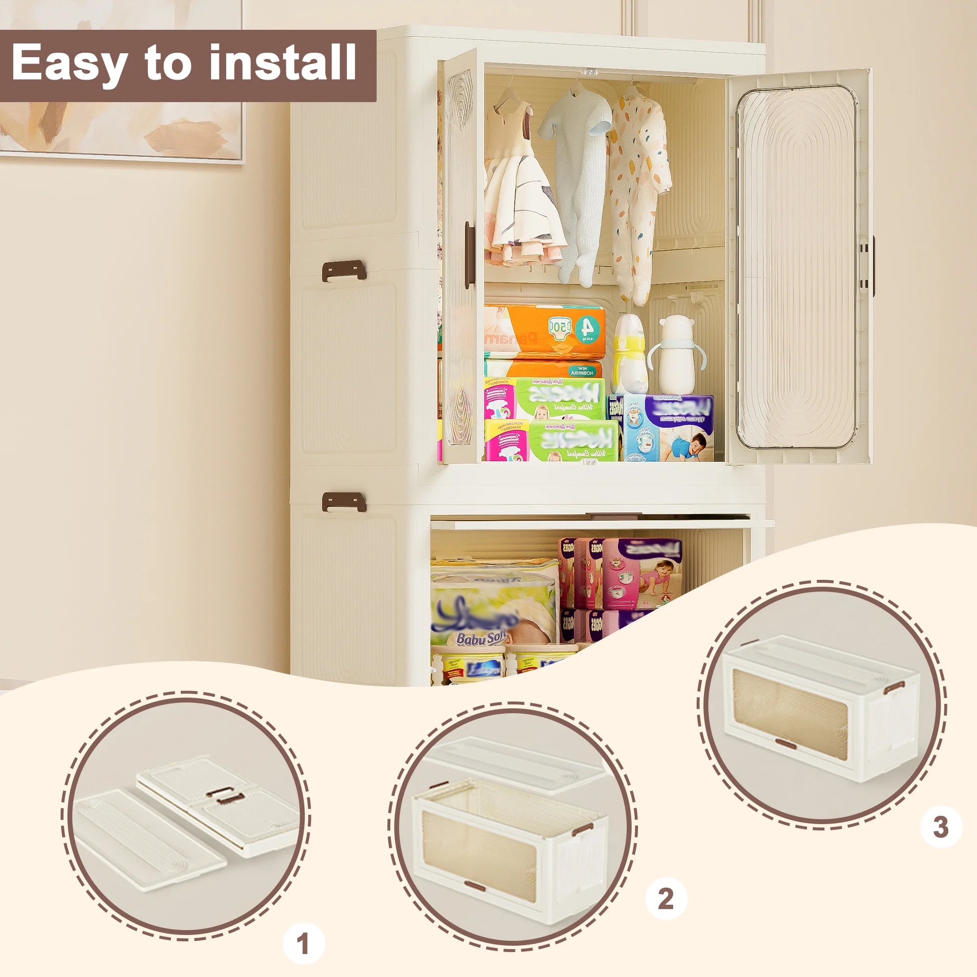 Montary Kids Portable Wardrobe W/ Magnetic Doors & Hanging Rod - 4 - Cube Plastic Storage Cabinet, Nursery/Bedroom
