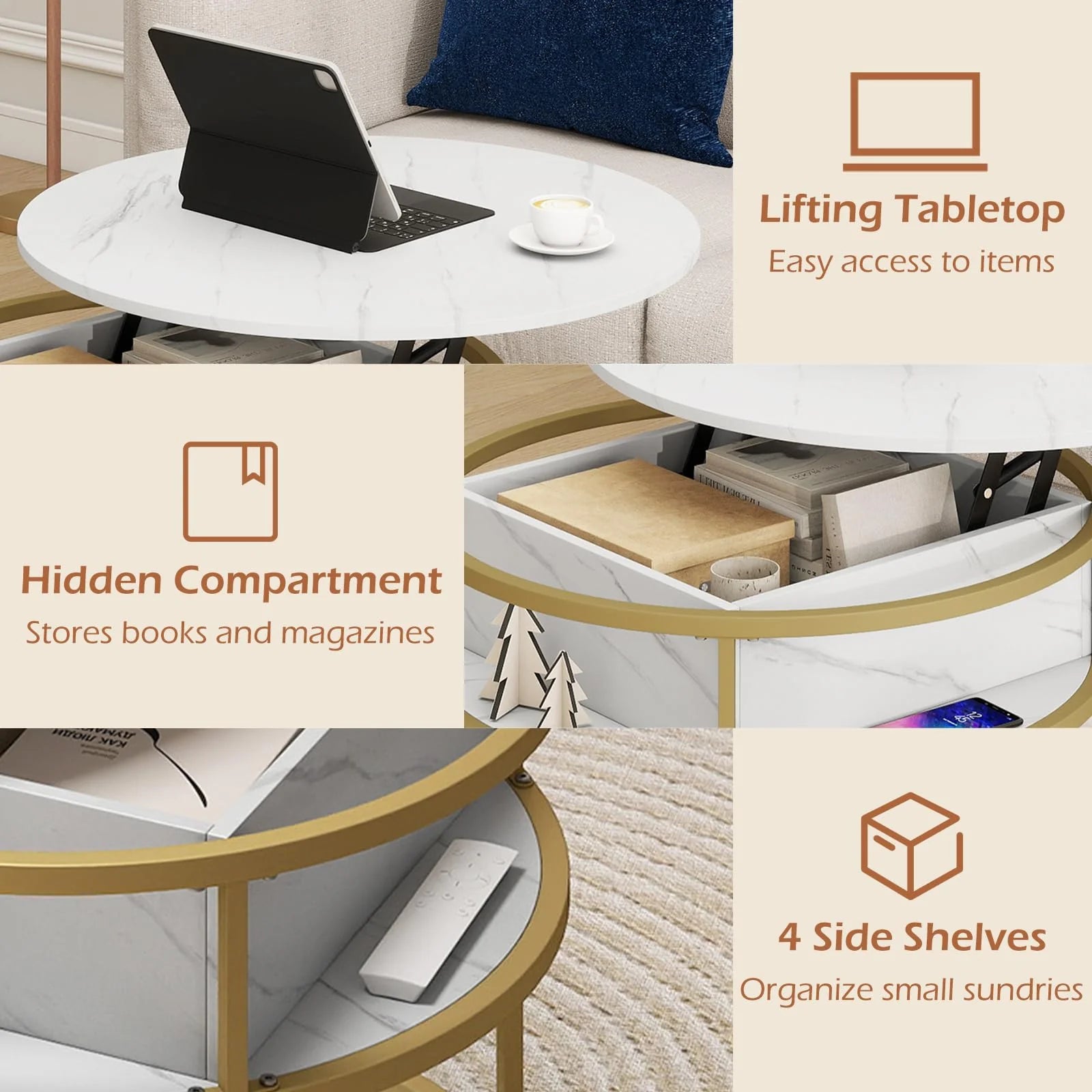 Tangkula Lift Top Coffee Table 31.5" Round Center Table with Hidden Compartment & Side Shelves