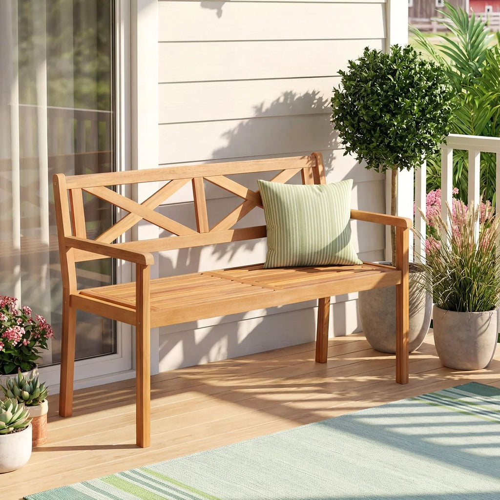 Tangkula Acacia Wood Outdoor Loveseat Bench 2-Person Patio Garden Bench