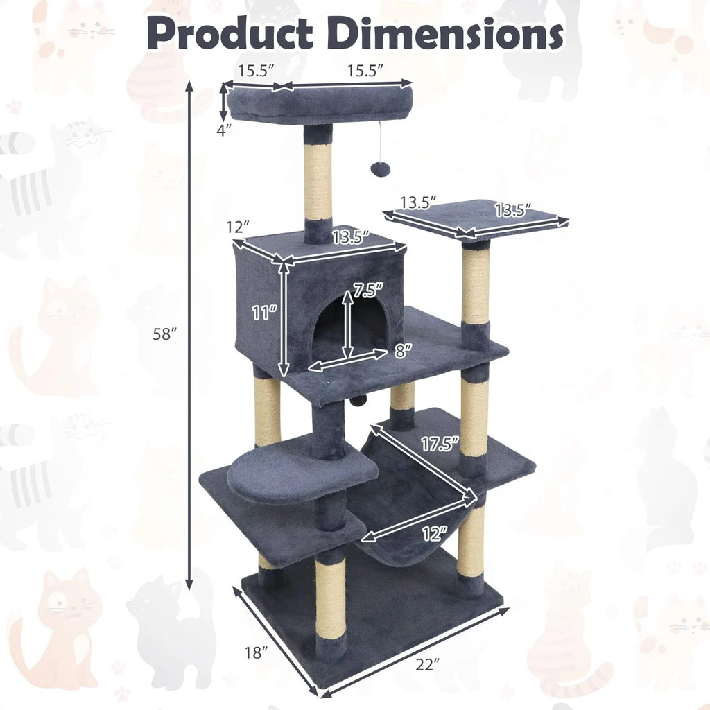 Tangkula 58 Inch Multi-Level Cat Tree Soft Plush Cat Tower with Padded Top Perch