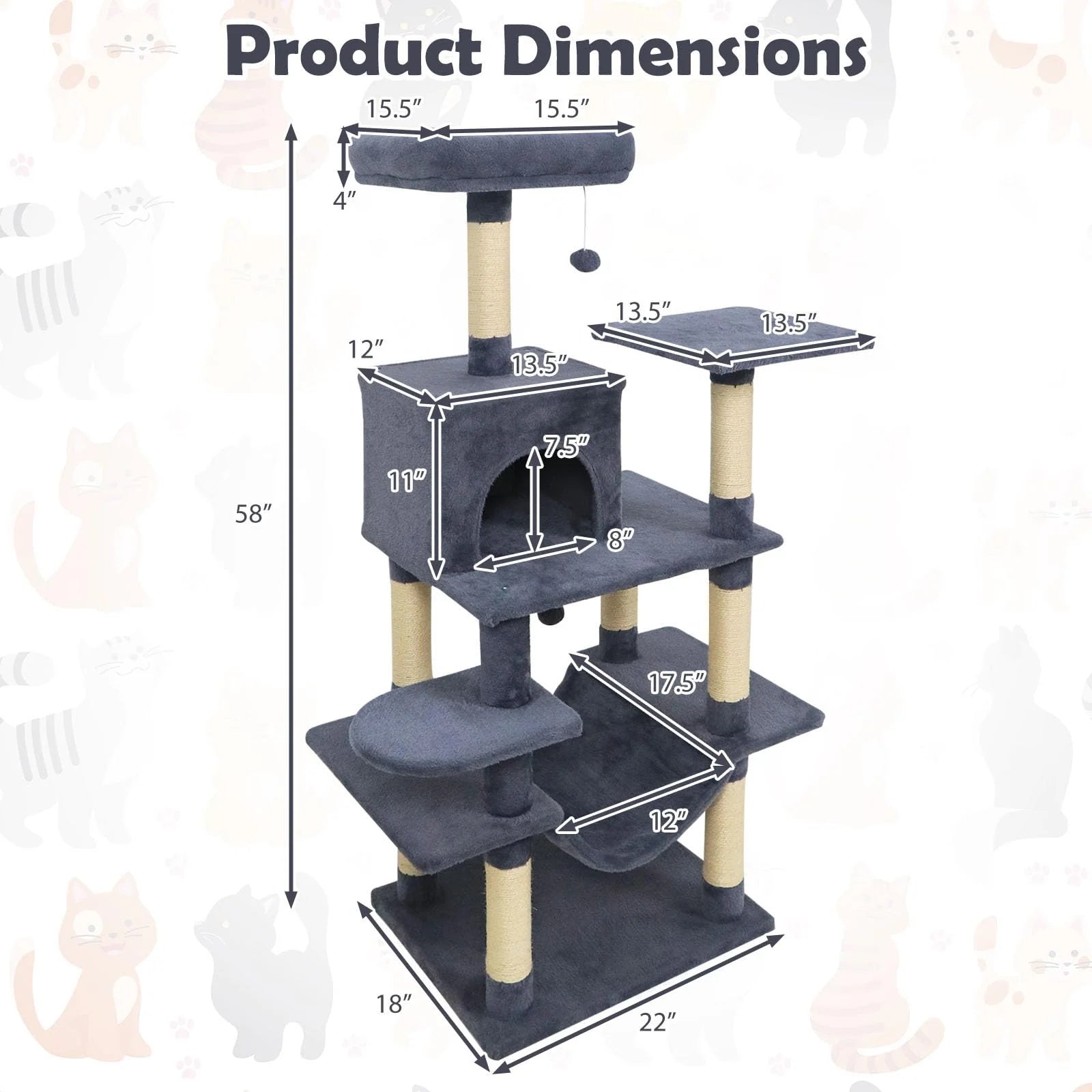Tangkula 58 Inch Multi-Level Cat Tree Soft Plush Cat Tower with Padded Top Perch