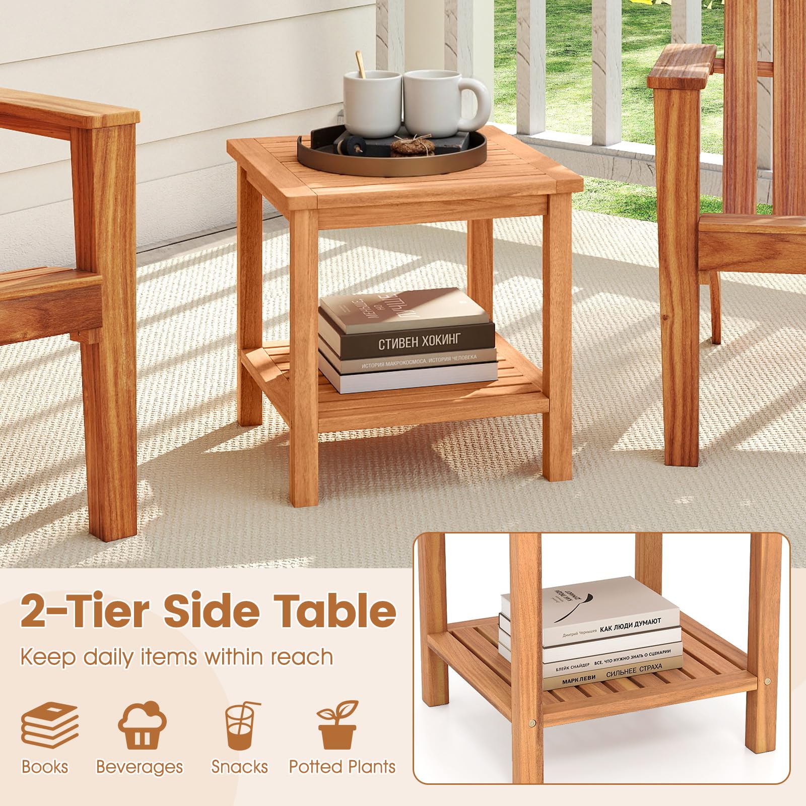 Tangkula 2 Tier Acacia Wood Square End Table with Slatted Tabletop & Storage Shelf