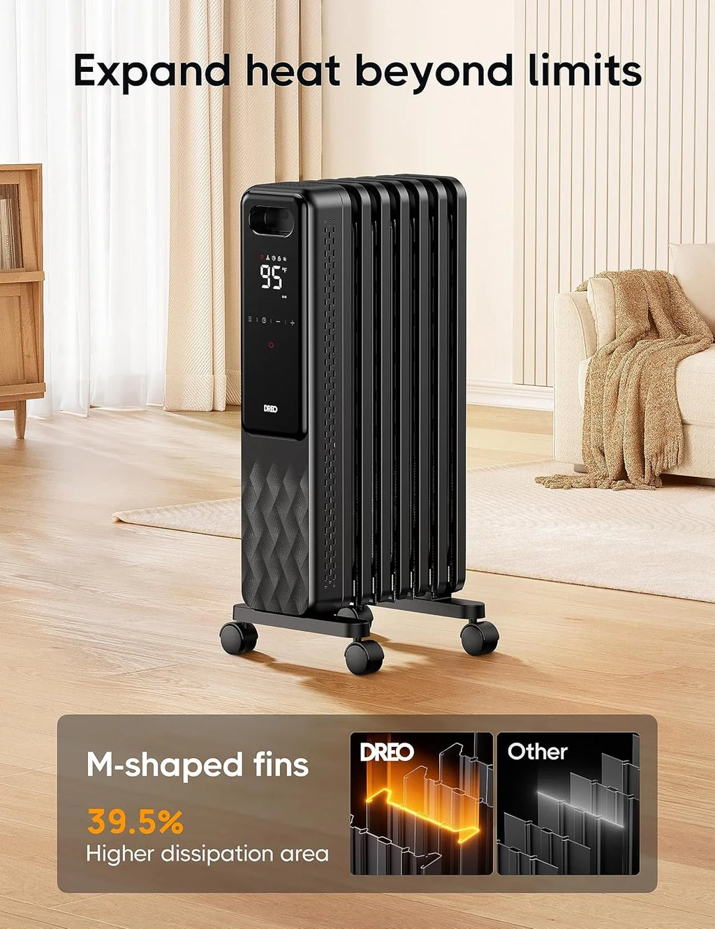 Dreo Oil Filled Radiator, Electric Radiant Heaters for Indoor Use Large Room with Remote Control, Child Lock, 4 Modes, Overheat & Tip - Over Protection, 24h Timer, Digital Thermostat, Quiet, 1500W