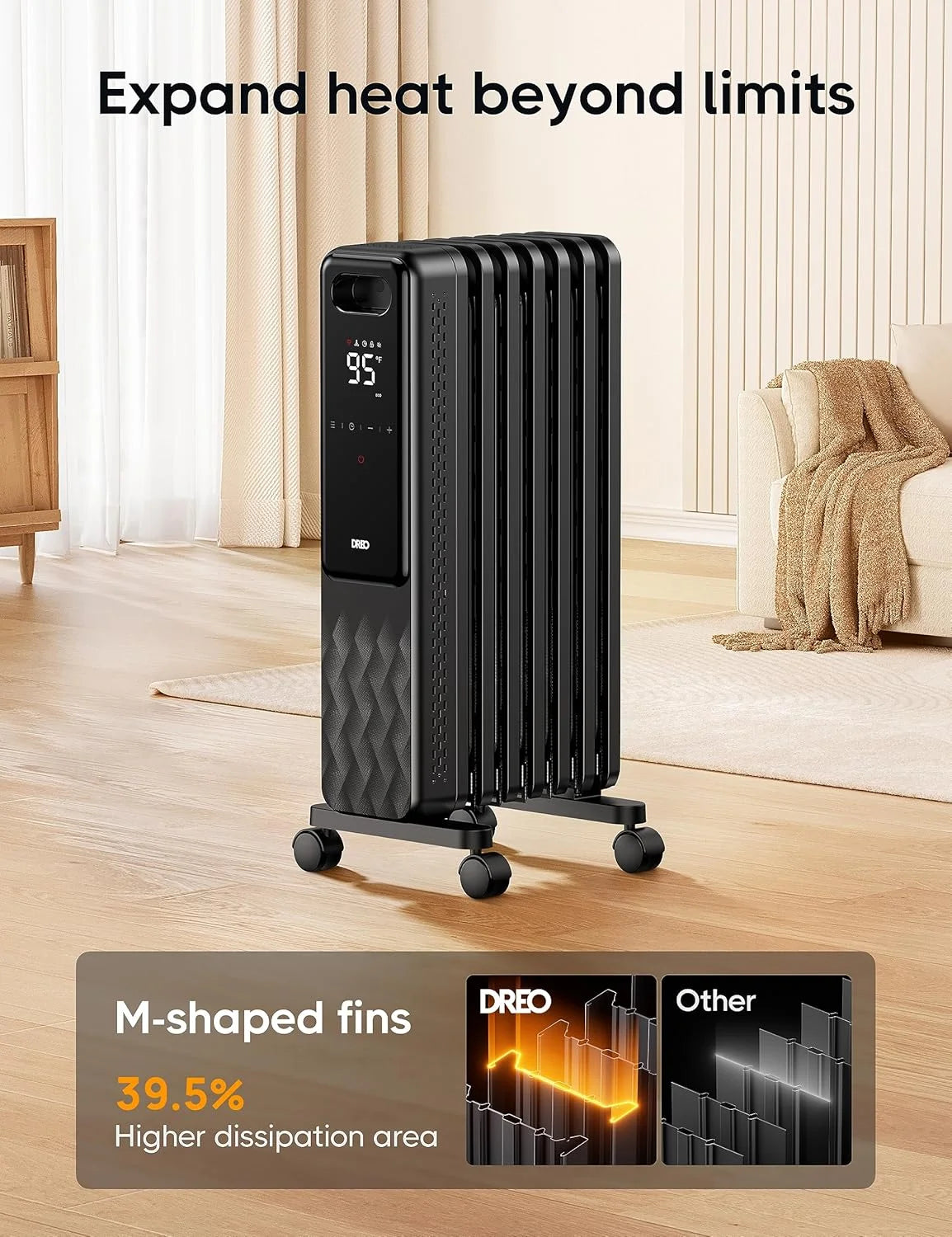 Dreo Oil Filled Radiator, Electric Radiant Heaters for Indoor Use Large Room with Remote Control, Child Lock, 4 Modes, Overheat & Tip - Over Protection, 24h Timer, Digital Thermostat, Quiet, 1500W