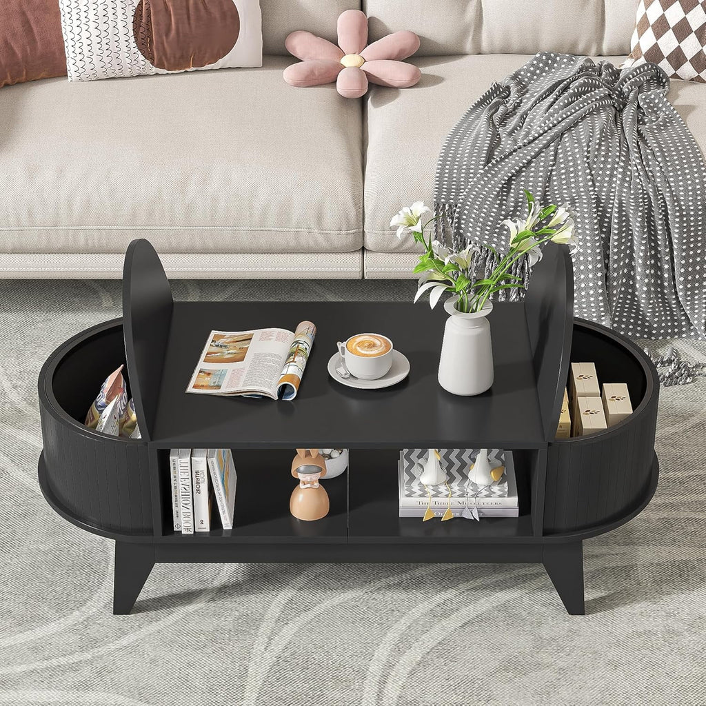Fluted Coffee Table with Storage, Modern Coffee Tables, Wood Accent Center Table