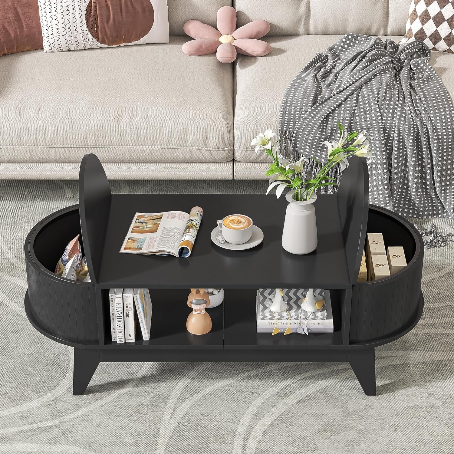 Fluted Coffee Table with Storage, Modern Coffee Tables, Wood Accent Center Table