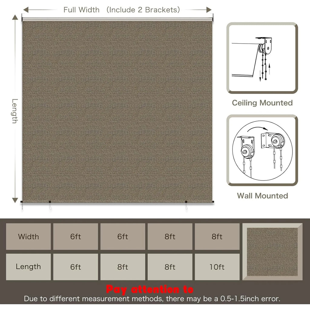 AECOJOY Outdoor Roller Shade, 6'(W) x6'(H) Sun Shade Cover Canopy, Mocha&Gray