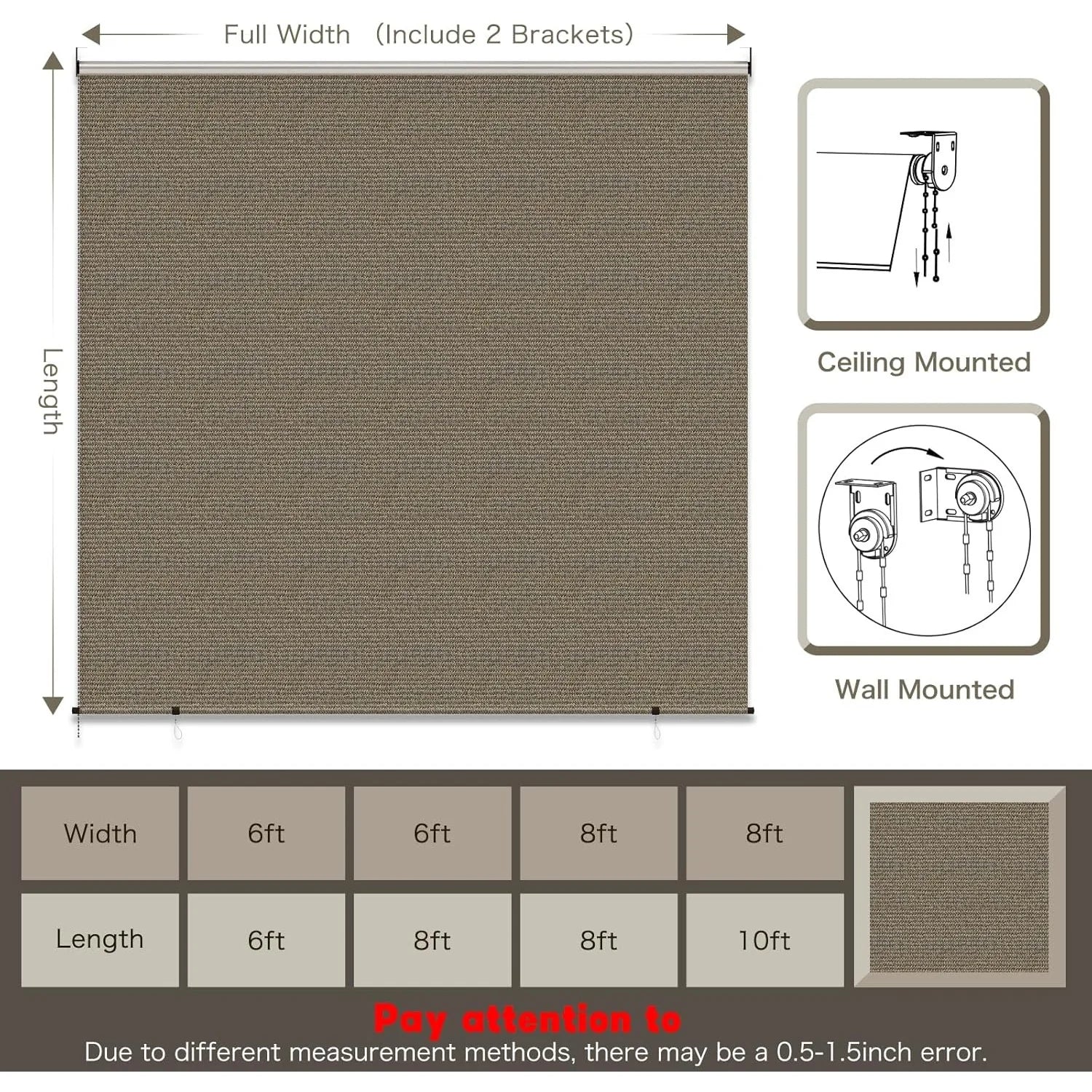 AECOJOY Outdoor Roller Shade, 6'(W) x6'(H) Sun Shade Cover Canopy, Mocha&Gray