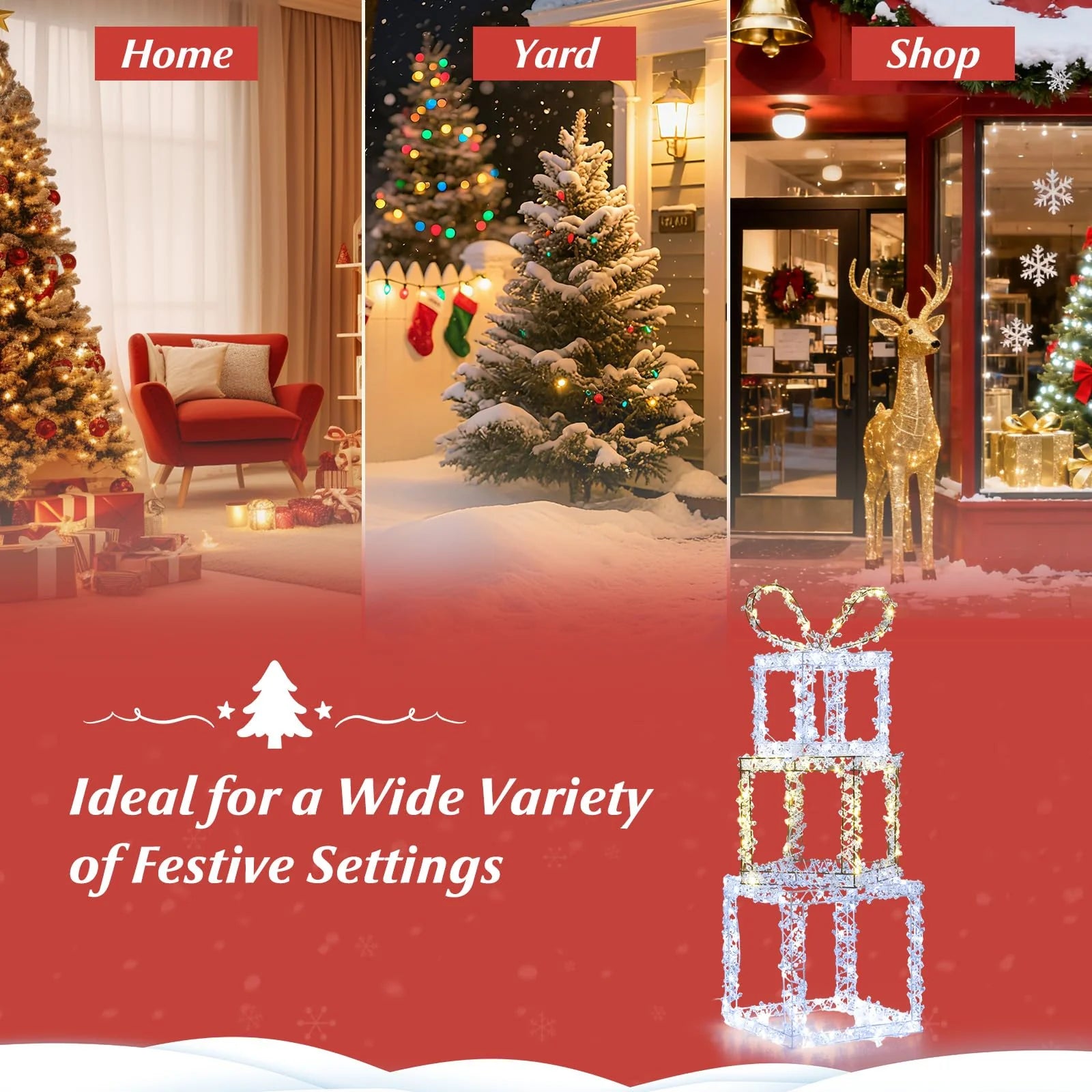 Tangkula Stacked Lighted Gift Boxes Set of 3 Pre-Lit Christmas Present Box Lights