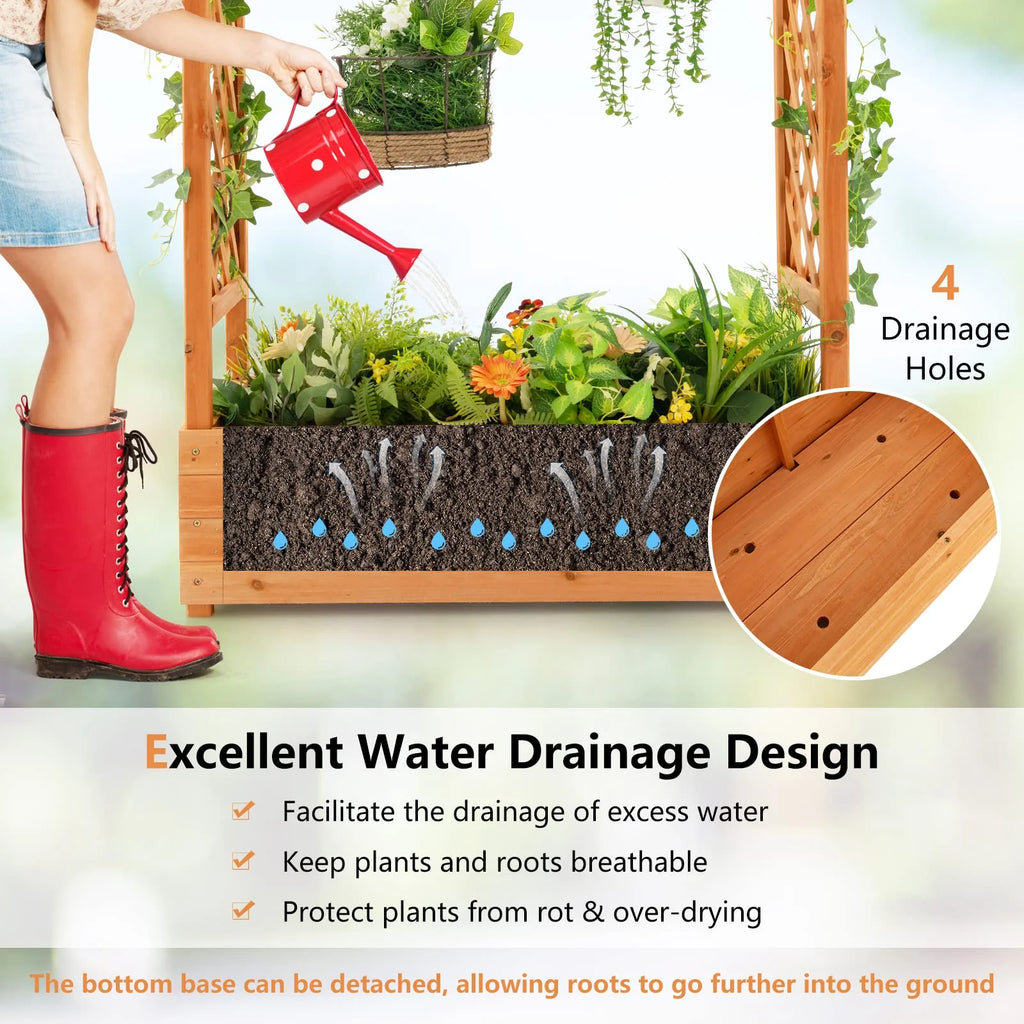 Raised Garden Bed with Arch Trellis & Hanging Roof, Freestanding Fir Wood Elevated Planter Box with Drainage Holes for Climbing Plants Flowers Vines
