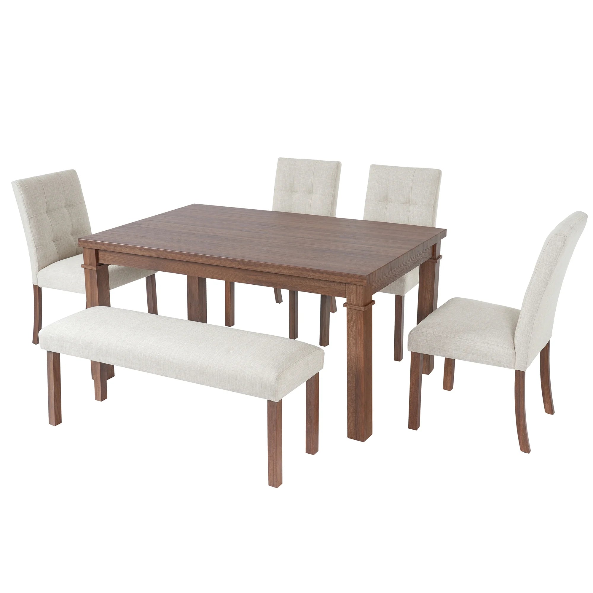 Euroco 6 - Piece Wood Dining Table Set for 6, Modern Rectangular Kitchen Table with 4 Upholstered Chairs & Bench for Kitchen Dining Room, Walnut