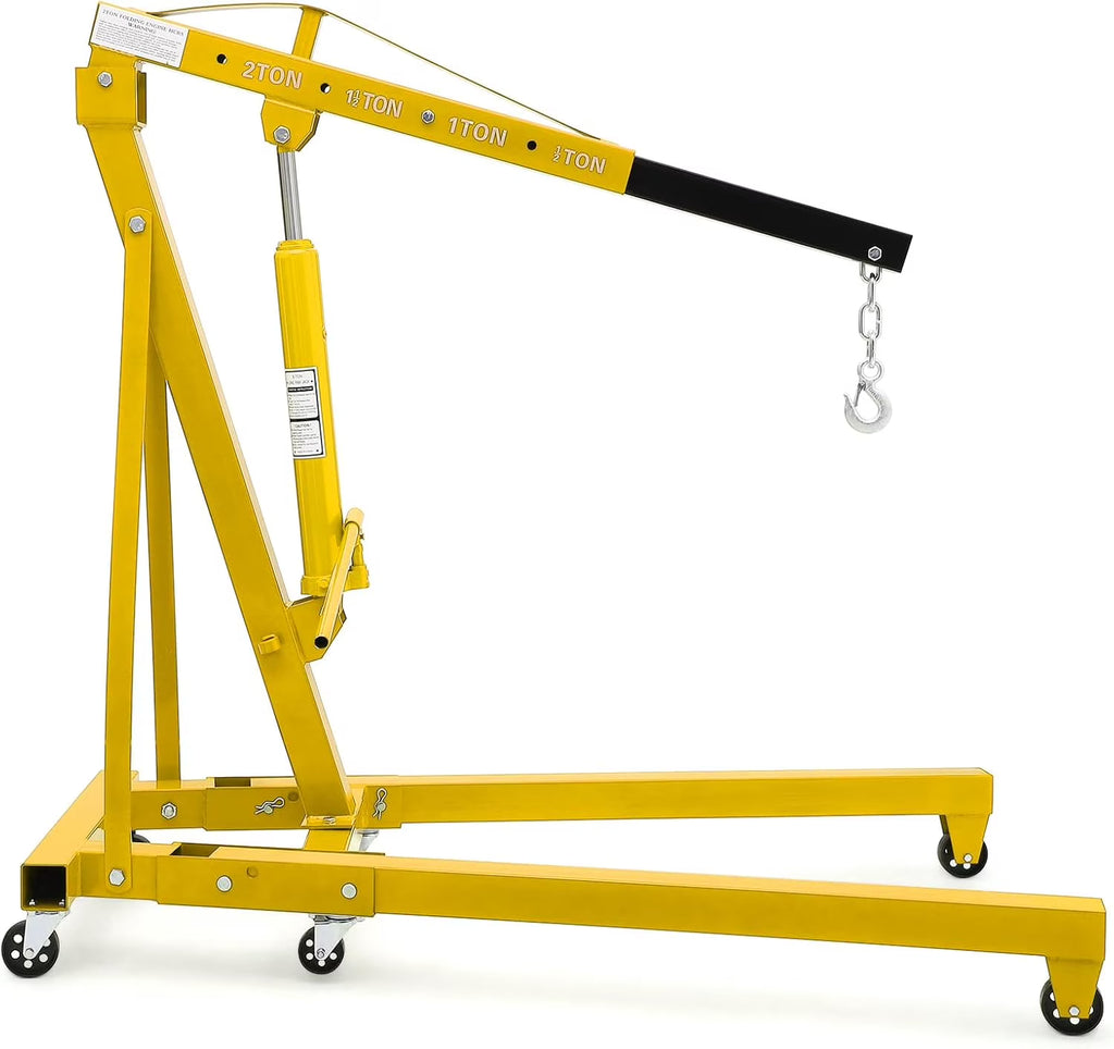 Joankaren 2 Ton Folding Hydraulic Engine Hoist, Heavy - Duty Engine Shop Crane Hoist Lift, Heavy Cherry Picker with 6 Wheels, Yellow