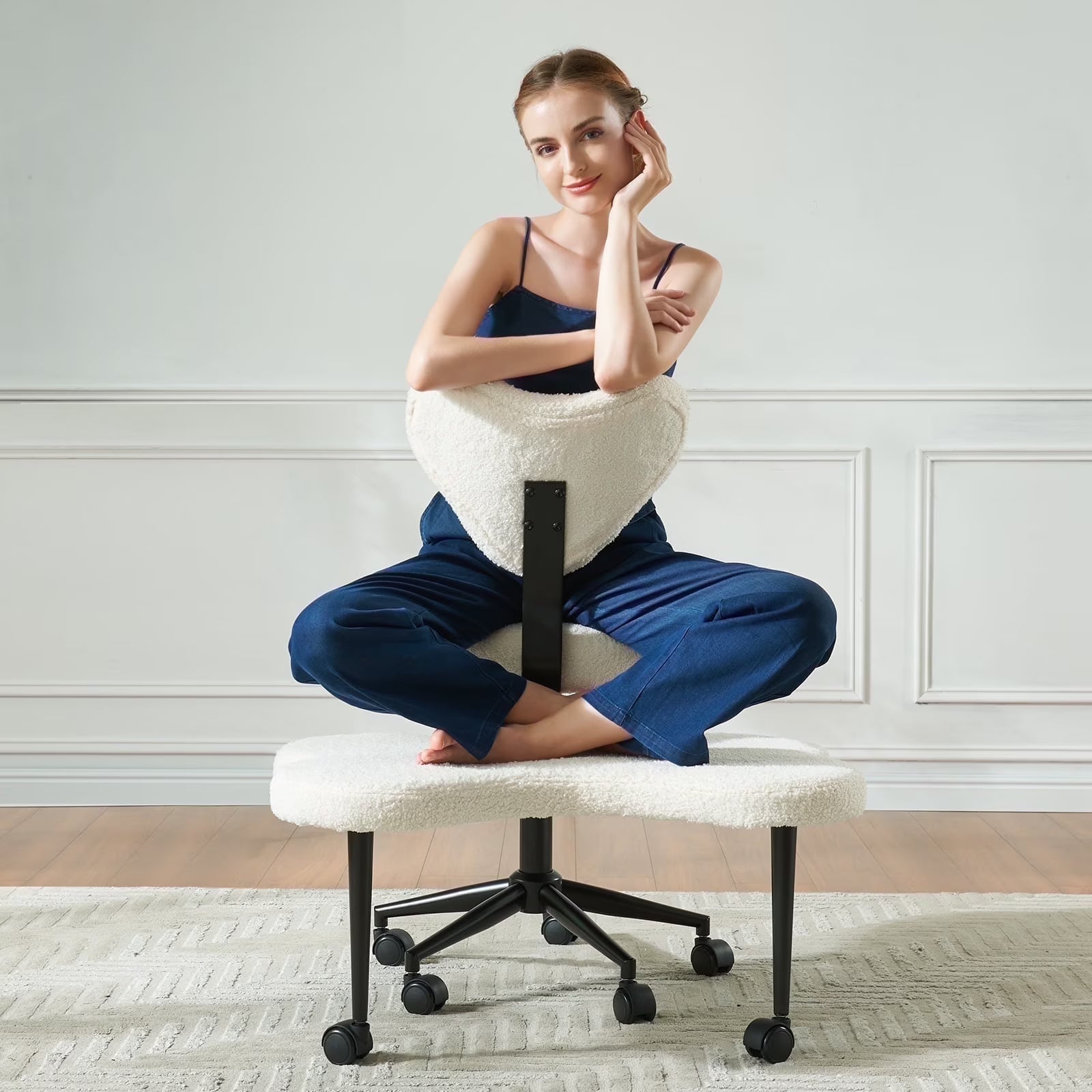 Pinmoco Ergonomic Cross Legged Swivel Chair, Adjustable Height and Teddy Fabric, Meditation& ADHD Chair with Back Support, Home and Office, Off White