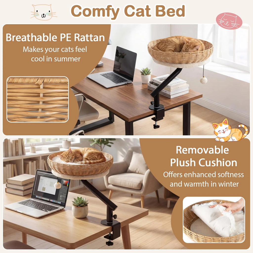Tangkula Cat Desk Bed 360° Rotatable Rattan Desk Cat Bed Attachment