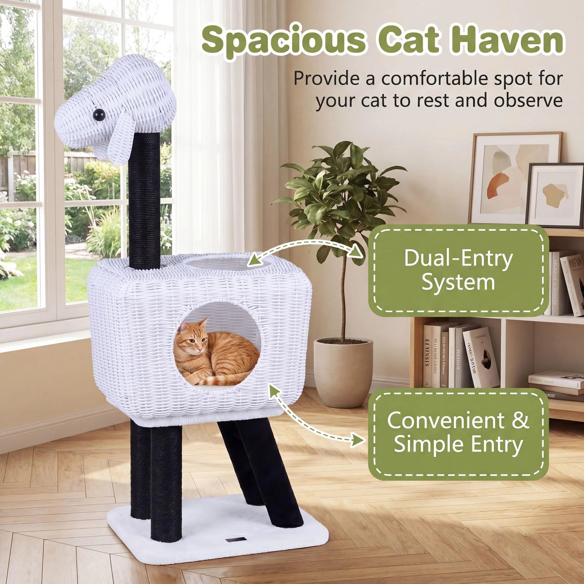 Tangkula 43 Inch Sheep-Shaped Cute Cat Tower with 2-Cave Large Wicker Condo