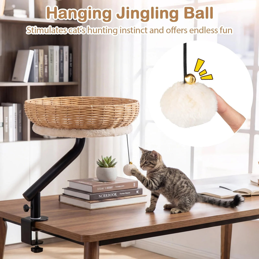 Tangkula Cat Desk Bed 360° Rotatable Rattan Desk Cat Bed Attachment
