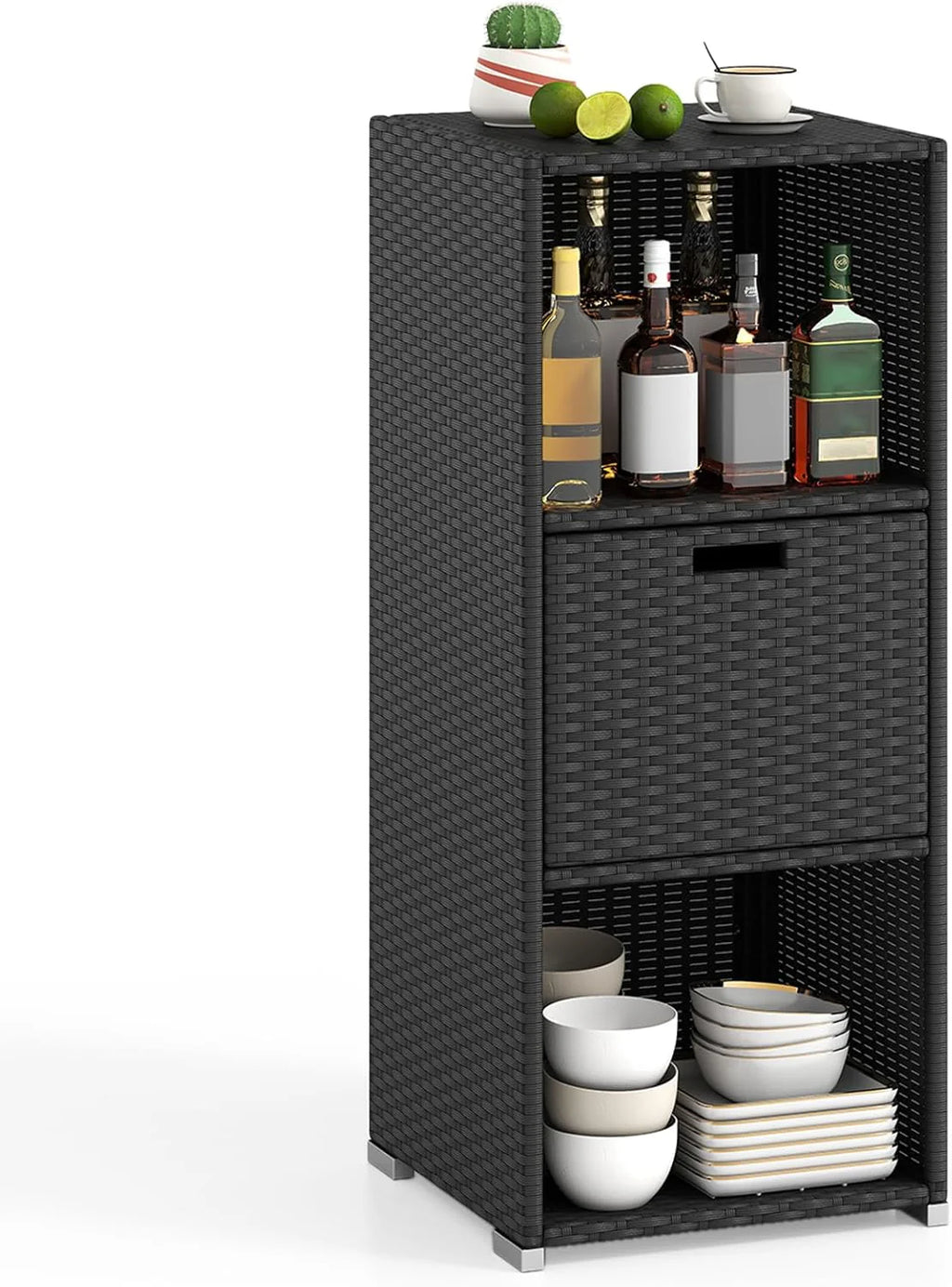 Tangkula Rattan Patiojoy Outdoor Wicker Cabinet with 3 Shelves